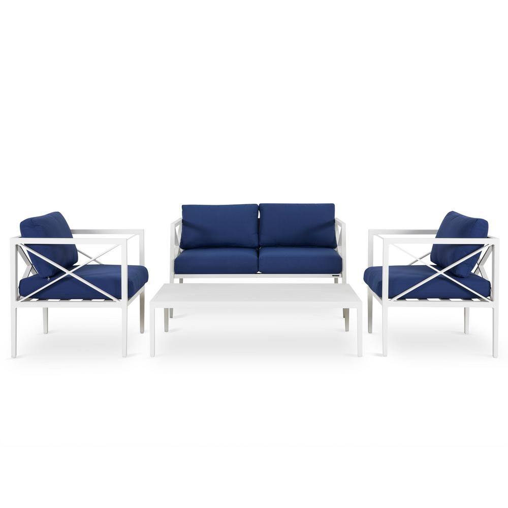 Nuu Garden  White 4-Piece Aluminum Outdoor Patio Conversation Sofa Seating Set with Dark Blue Cushions