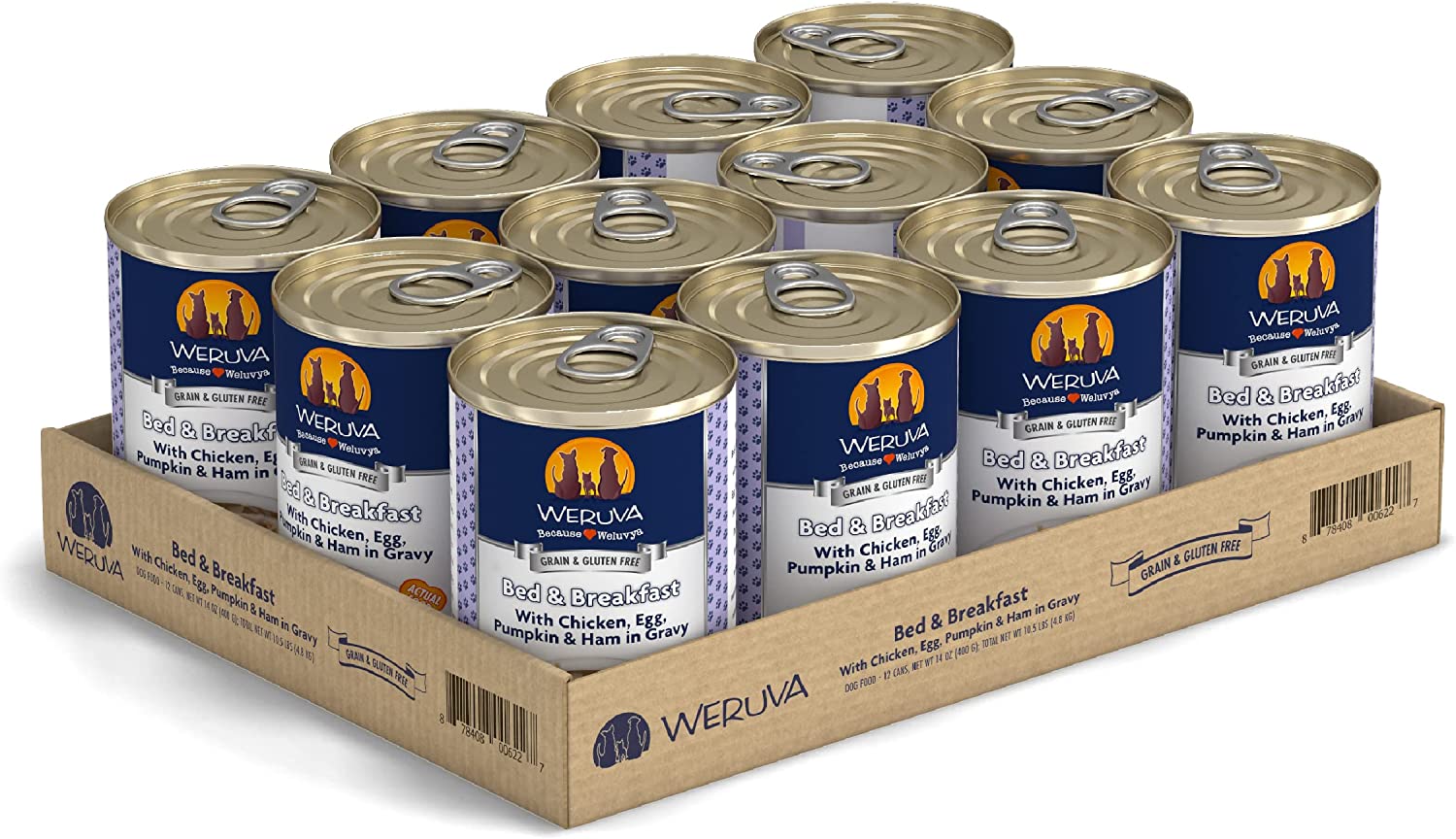 Weruva Bed & Breakfast with Chicken. Egg. Pumpkin & Ham in Gravy Grain-Free Canned Dog Food 14 Ounce (Pack of 12)