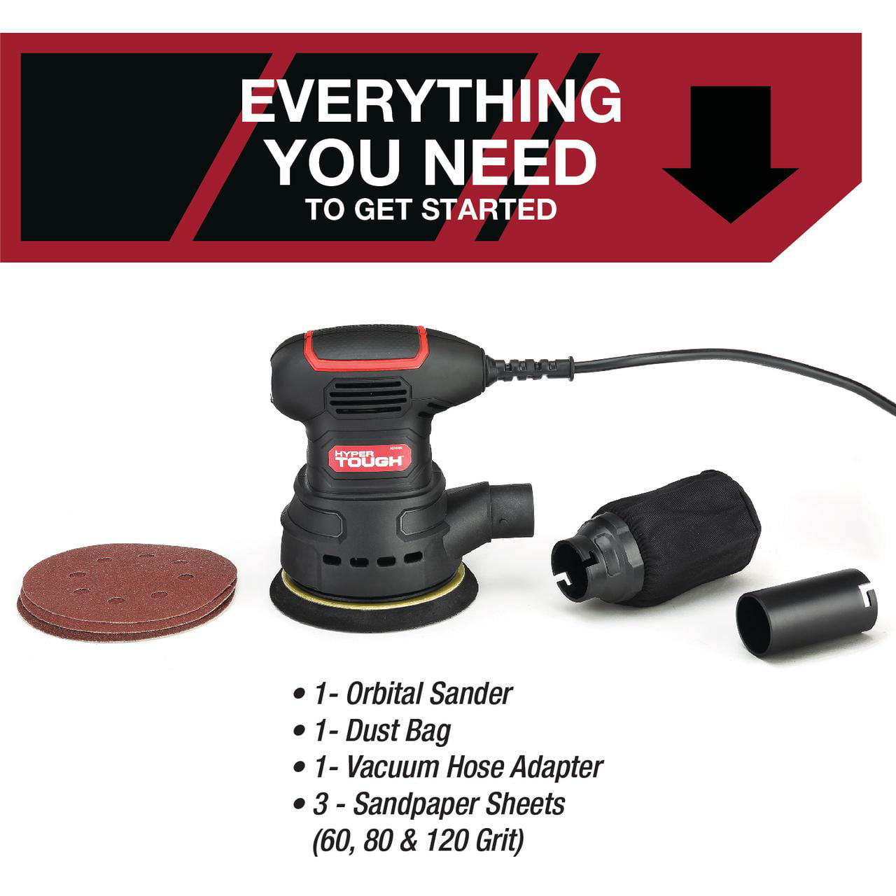 Hyper Tough 2.5 Amp Corded 5 inch Orbital Sander with Dust Bag. Vacuum Hose Adapter & 3 Sanding Sheets (60. 80. & 120 Grit)