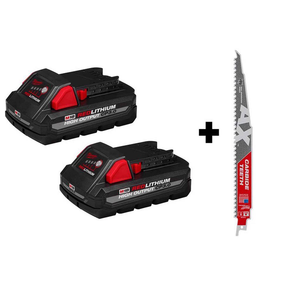 Milwaukee 48-11-1837-48-00-5226 M18 18-Volt Lithium-Ion HIGH OUTPUT CP 3.0 Ah Battery Pack (2-Pack) w/9 in. 5 TPI AX Carbide Reciprocating Saw Blade