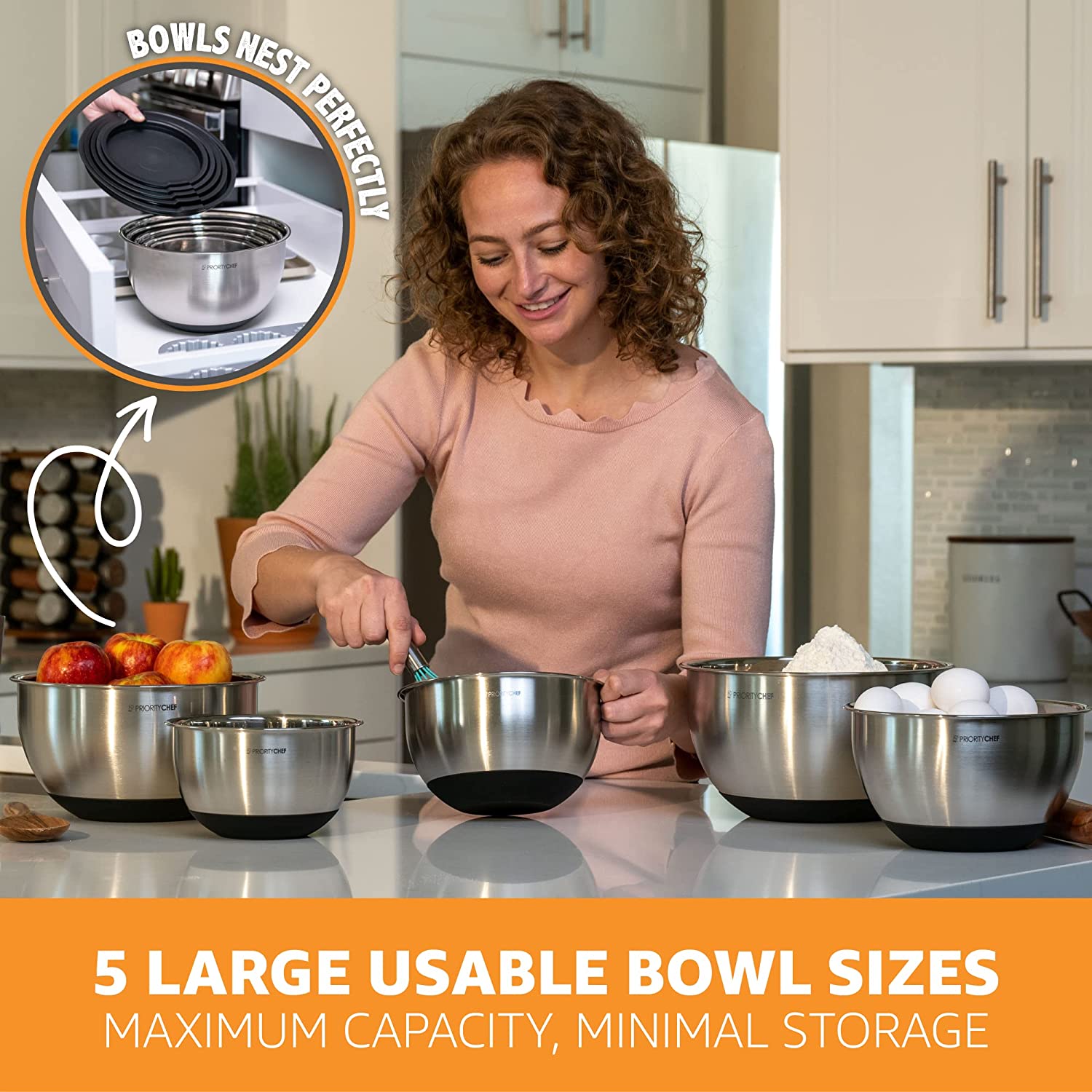 Priority Chef Premium Mixing Bowls With Lids Set. Thicker Stainless Steel Mixing Bowl Set. Large Prep Metal Bowls with Lids. Nesting Bowls for Kitchen. 1.5/2/3/4/5 Qrt. Black