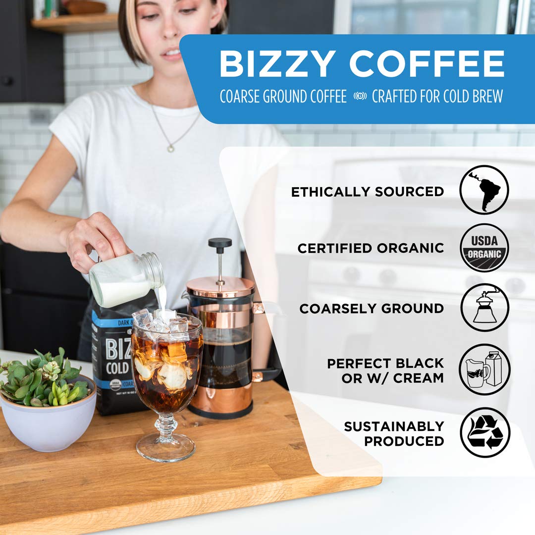 Bizzy Organic Cold Brew Coffee | Dark & Bold Blend | Coarse Ground Coffee | Micro Sifted | Specialty Grade | 100% Arabica | 1 LB