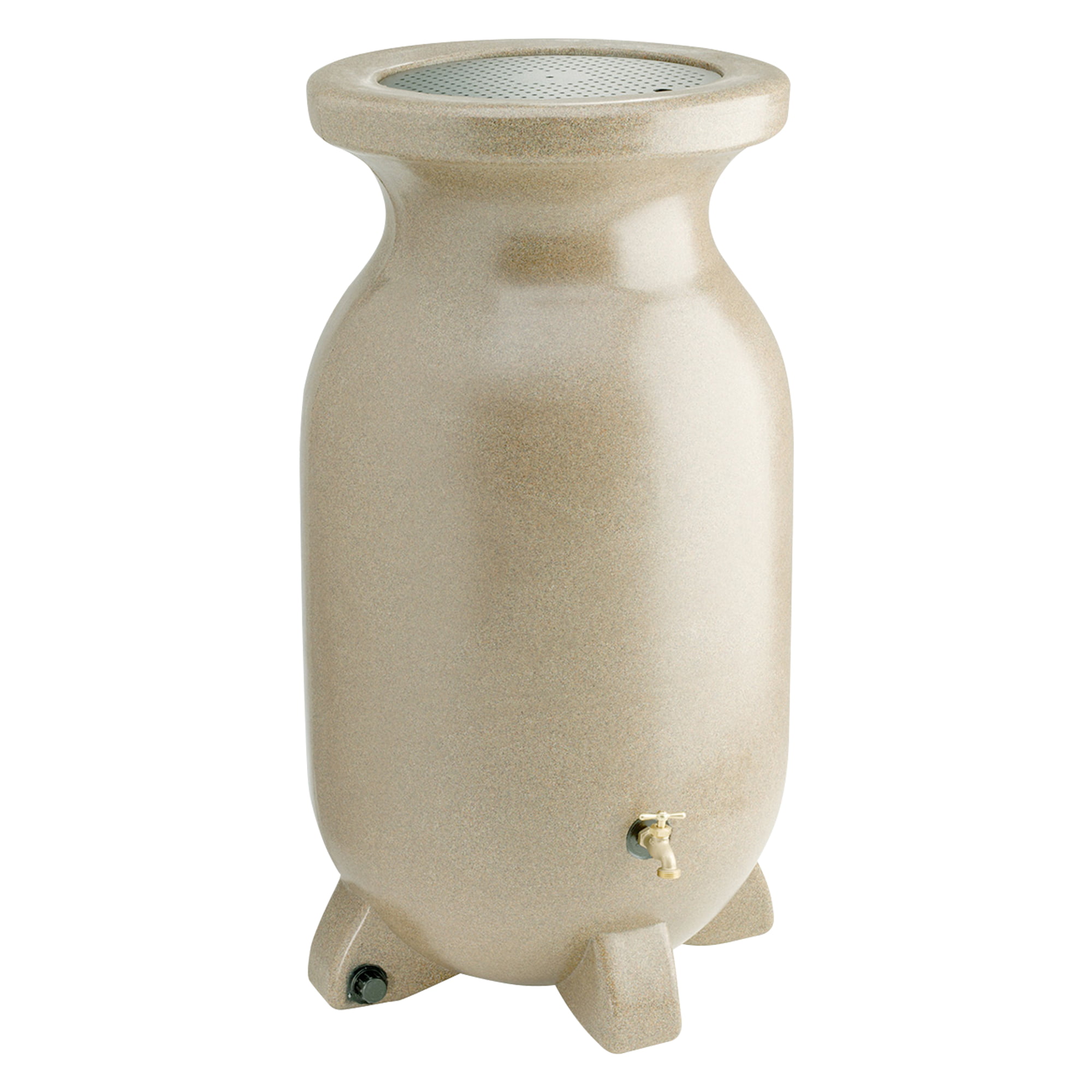 Koolscapes Stone-Look Rain Barrel. 75 gal (285L). Beige. Rustproof Debris Screen. Overflow Spout. Brass Spigot with Standard Hose Threading. for Eco-Friendly Gardening and Water Conservation