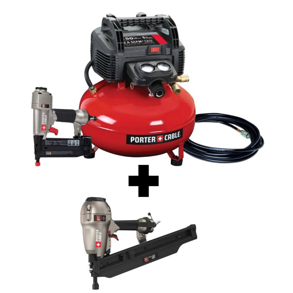 Porter-Cable PCFP12236FR350B 6 gal. 150 PSI Portable Electric Air Compressor. 18-Gauge Brad Nailer and 21-Degree 3-1/2 in. Full Round Framing Nailer