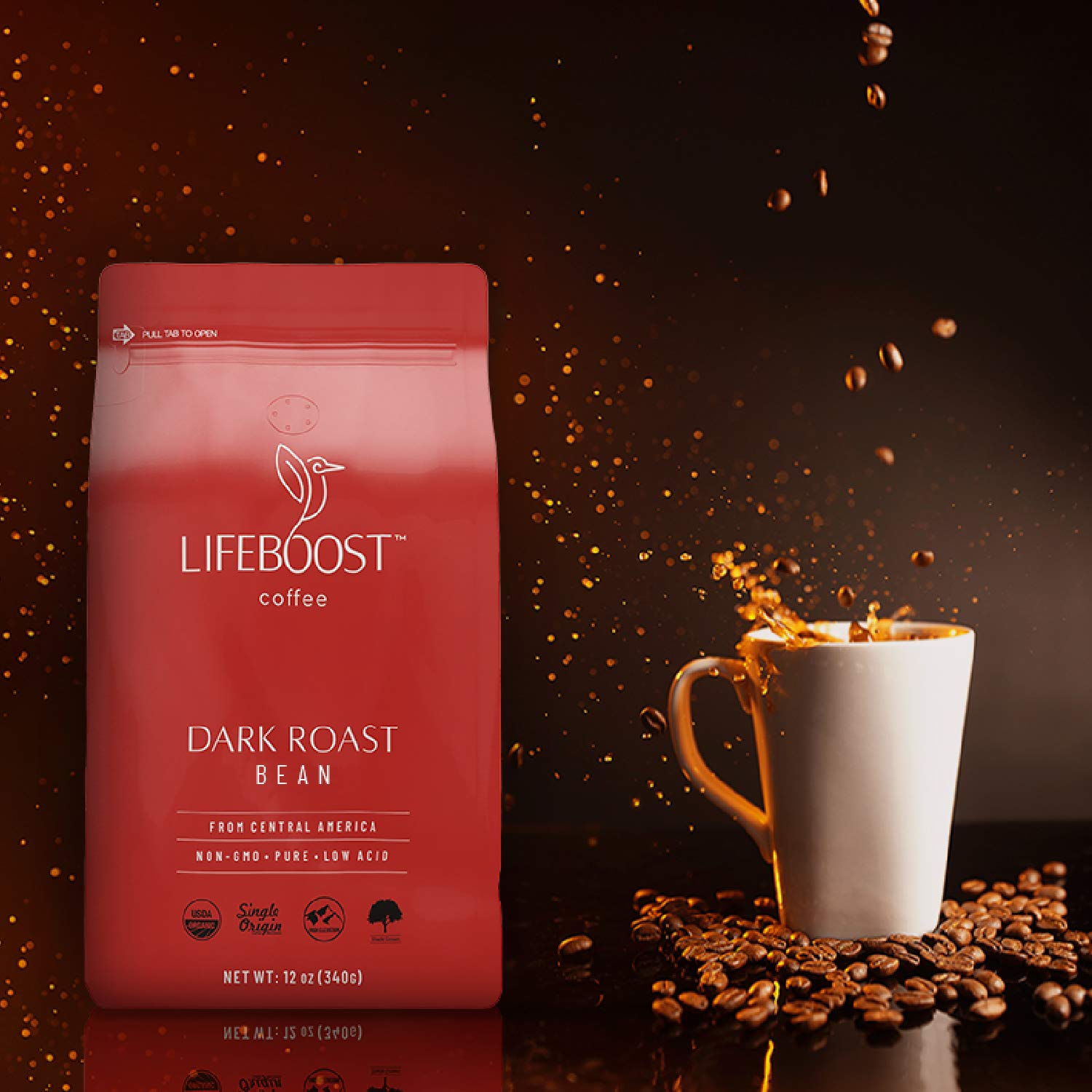 Lifeboost Coffee Whole Bean Coffee Dark Roast - Low Acid Single Origin USDA Organic Coffee - Non-GMO Whole Bean Coffee Third Party Tested For Mycotoxins & Pesticides - 12 Ounces