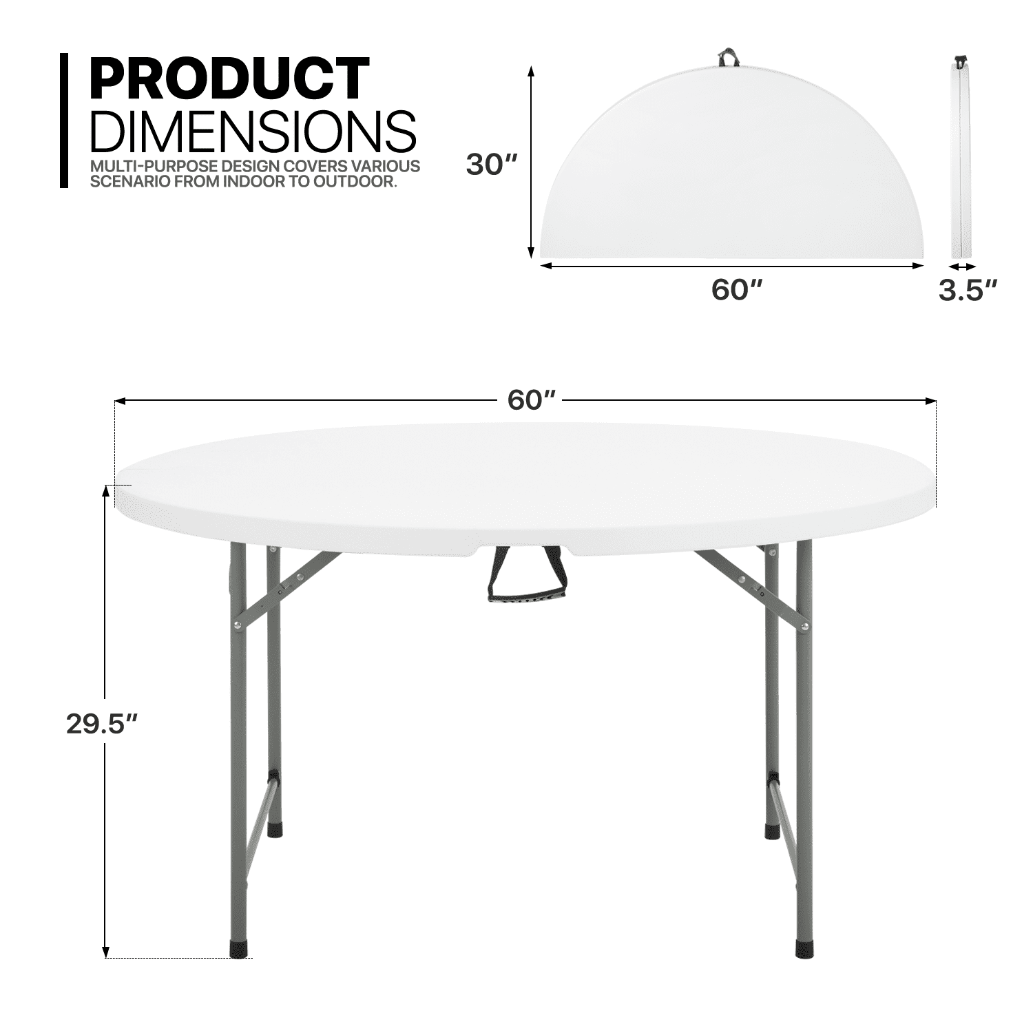 MoNiBloom 5 foot Bi-Fold Plastic Table. Foldable Round Indoor Outdoor Desk for Kitchen Party Wedding. White