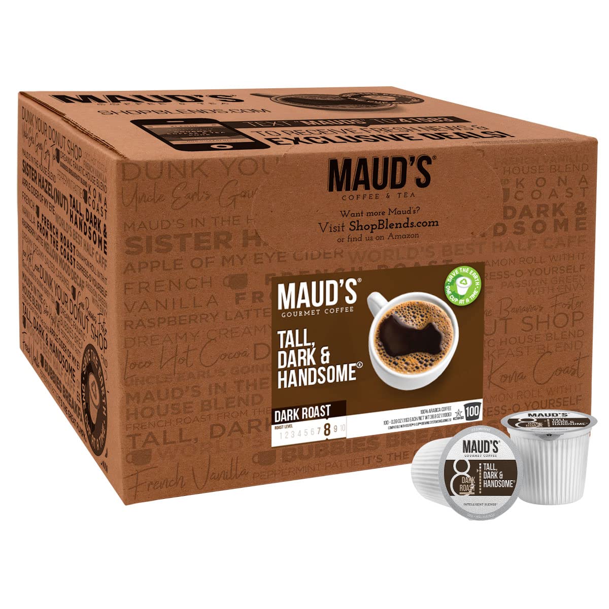 Maud-s Dark Roast Coffee (Tall Dark & Handsome). 100ct. Solar Energy Produced Recyclable Single Serve Dark Roast Coffee Pods – 100% Arabica Coffee California Roasted. KCup Compatible