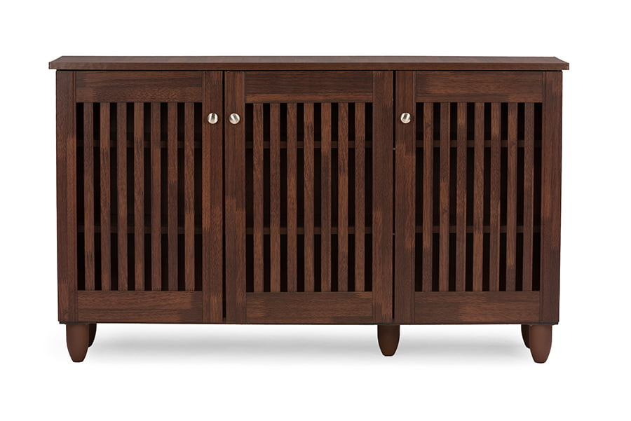 Baxton Studio Fernanda Modern and Contemporary 3-Door Oak Brown Wooden Entryway Shoes Storage Wide Cabinet