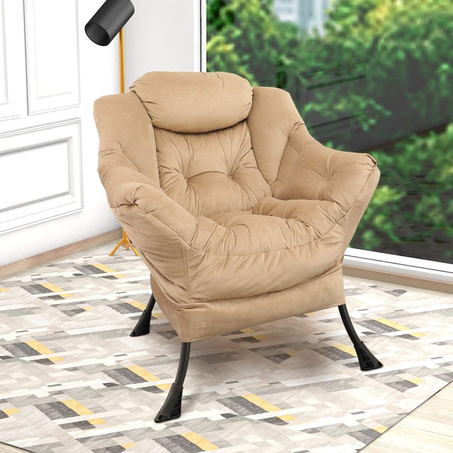 GOLDSUN Velvet Fabric Accent Chair Lazy Reclining Armchair with Removable Metal Legs and a Side Pocket. Comfy Upholstered Single Leisure Sofa Chair for Living Room. Bedroom. Office (Beige)