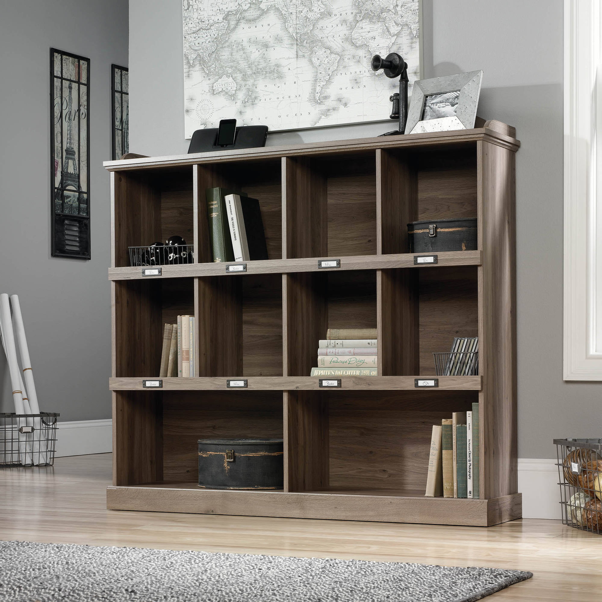 Sauder Barrister Lane Storage Bookcase with ID Label Tags. Salt Oak Finish