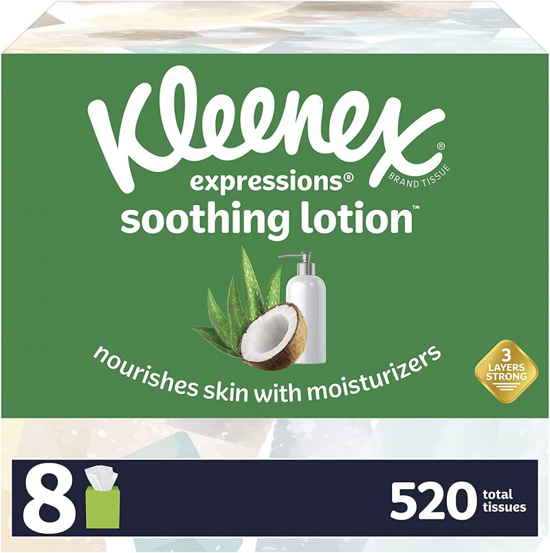 Kleenex Soothing Lotion Facial Tissues. 8 Cube Boxes. 65 Tissues Per Box