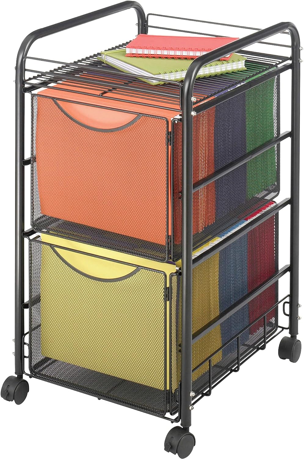 Safco Onyx Mesh Rolling File Cart - 2 File Drawers. Letter Size. Black. 15.75″W x 27″H. Steel Construction & Durable Powder Coat Finish. 4 Swivel Casters. Perfect for Home. Office and Classroom