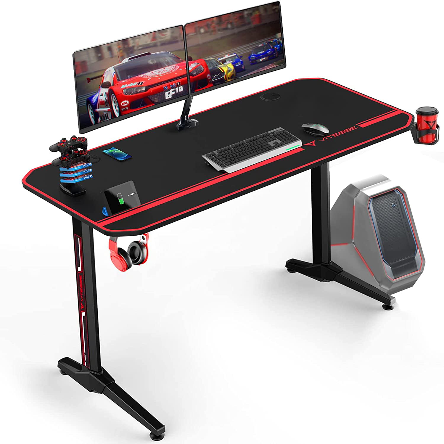 Vitesse Gaming Desk Computer Desk with Large Desk Mouse Pad. PC Gamer Table with Cup Holder & Headphone Hook