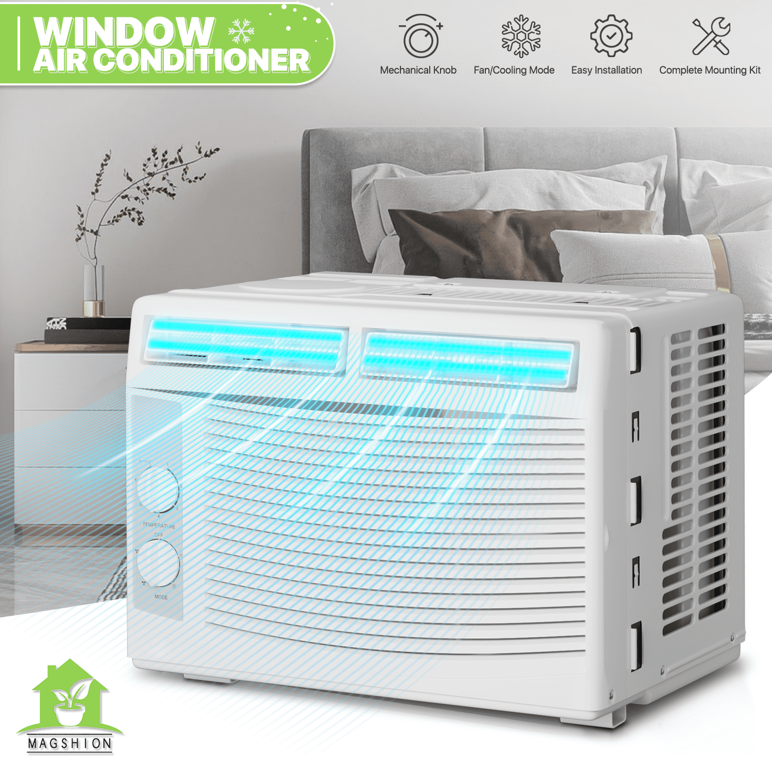 Magshion 5.000 BTU 115V Window Air Conditioner with Multi-Speed Fan. Cool up to 150 Sq.Ft.. Easy to Use Mechanical Control. Washable & Reusable Filter. White