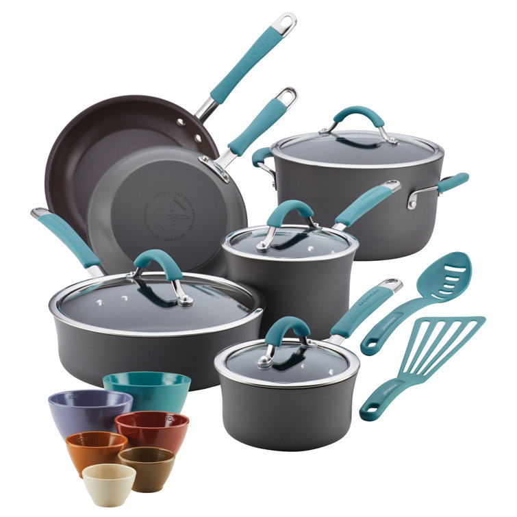 Rachael Ray Cucina Hard-Anodized Nonstick Cookware and Prep Bowl Set. 18-Piece - Gray/Blue