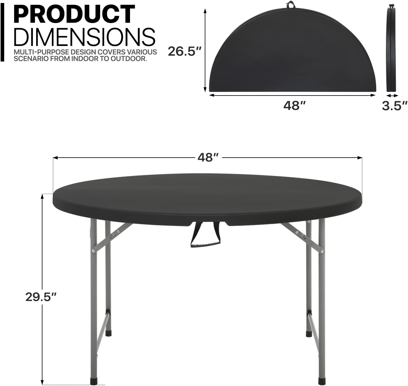 MoNiBloom 4Ft Round Foldable Table. White Banquet Event Wedding Card Plastic Portable Folding Table with Carrying Handle and Lock. Black