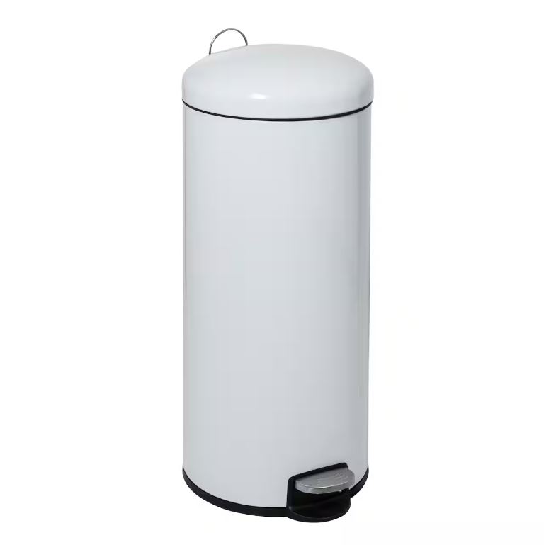 Honey Can Do White Retro Metal Kitchen Step Trash Can with Lid