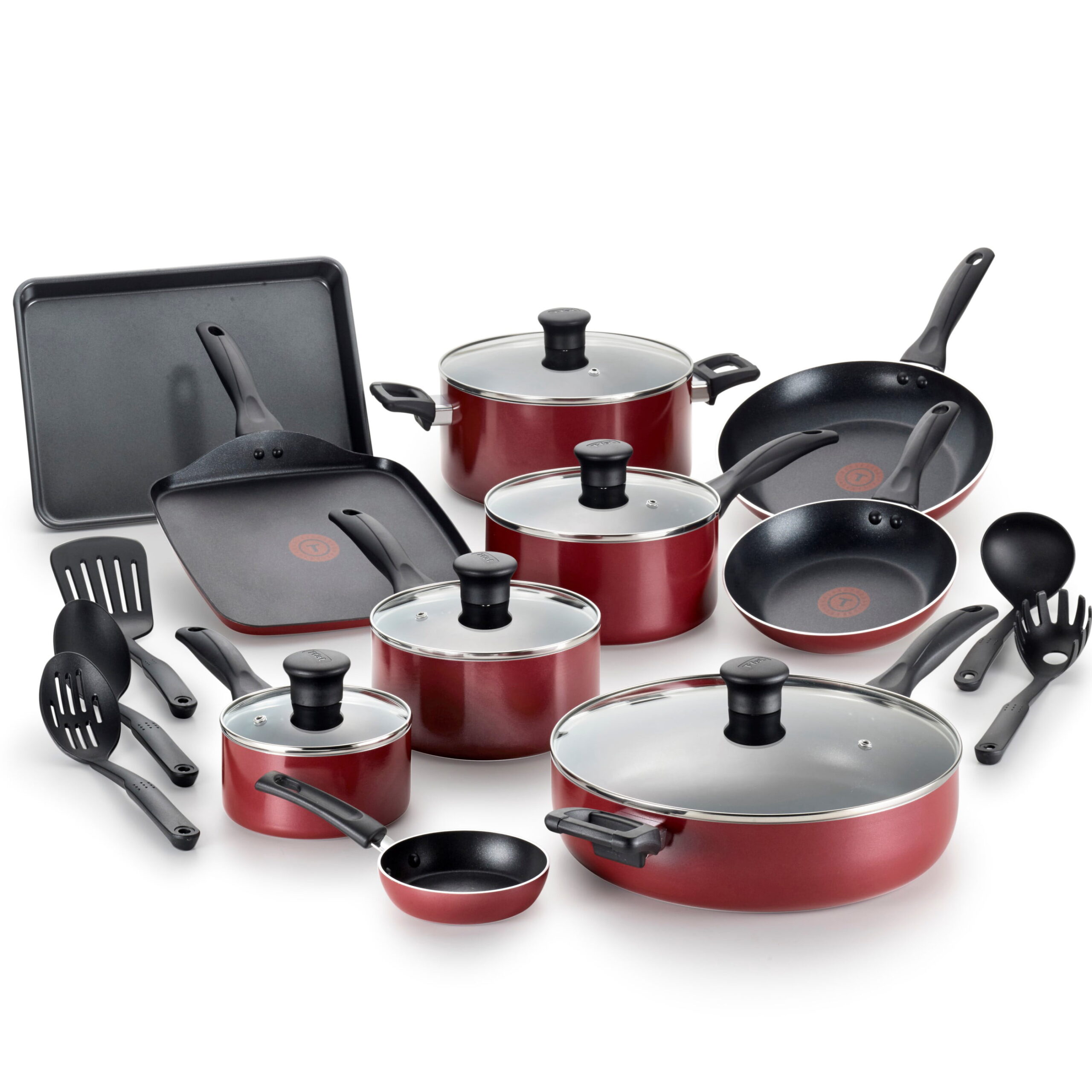 T-Fal Easy Care Thermo-Spot 20 Piece Non-Stick Dishwasher Safe Cookware Set. Red