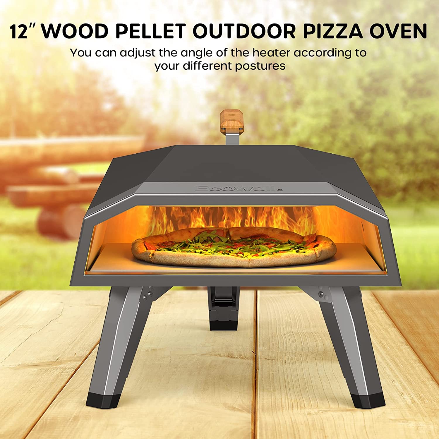 Ecowell EPO12L Outdoor Wood Fired-12 Outside. Pellet Oven with Pizza Stone/Peel/Cutter. Infrared Thermometer and Portable Cover. Black