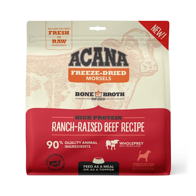 ACANA Grain Free High Protein Fresh & Raw Animal Ingredients Ranch-Raised Beef Recipe Freeze Dried Morsels Dog Food. 8 oz.