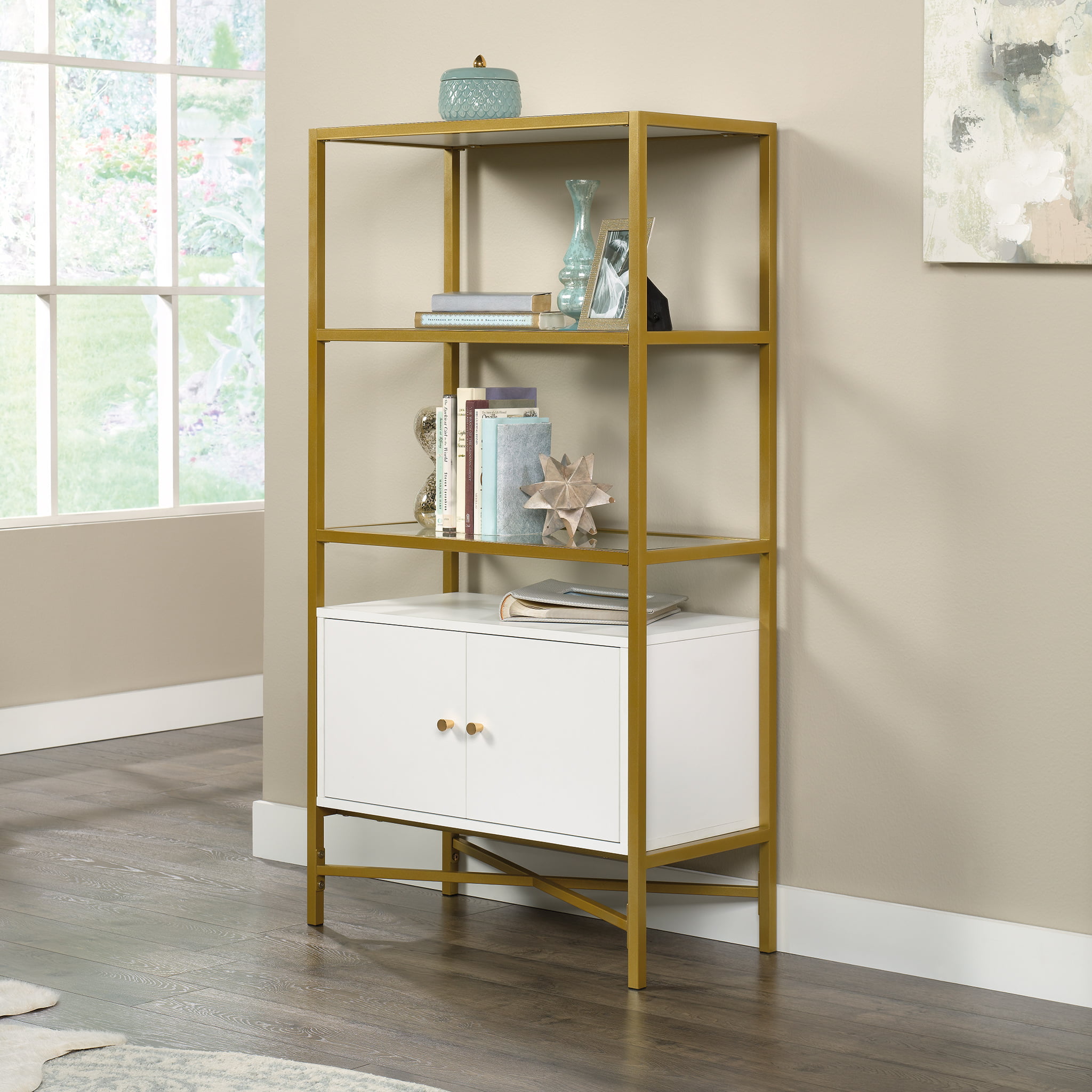 Sauder Curiod Gold Metal Bookcase with 3 Glass Shelves and Storage. White Finish