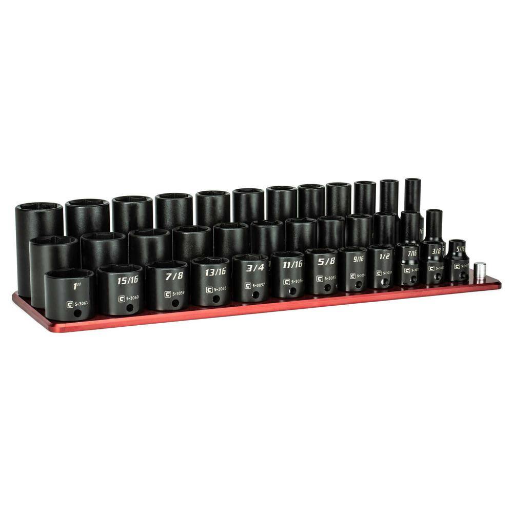 Capri Tools CP53000-36SSXDR 3/8 in. Drive SAE Shallow. Semi-Deep and Deep Impact Socket Set with Billet Aluminum Socket Rail (36-Piece)