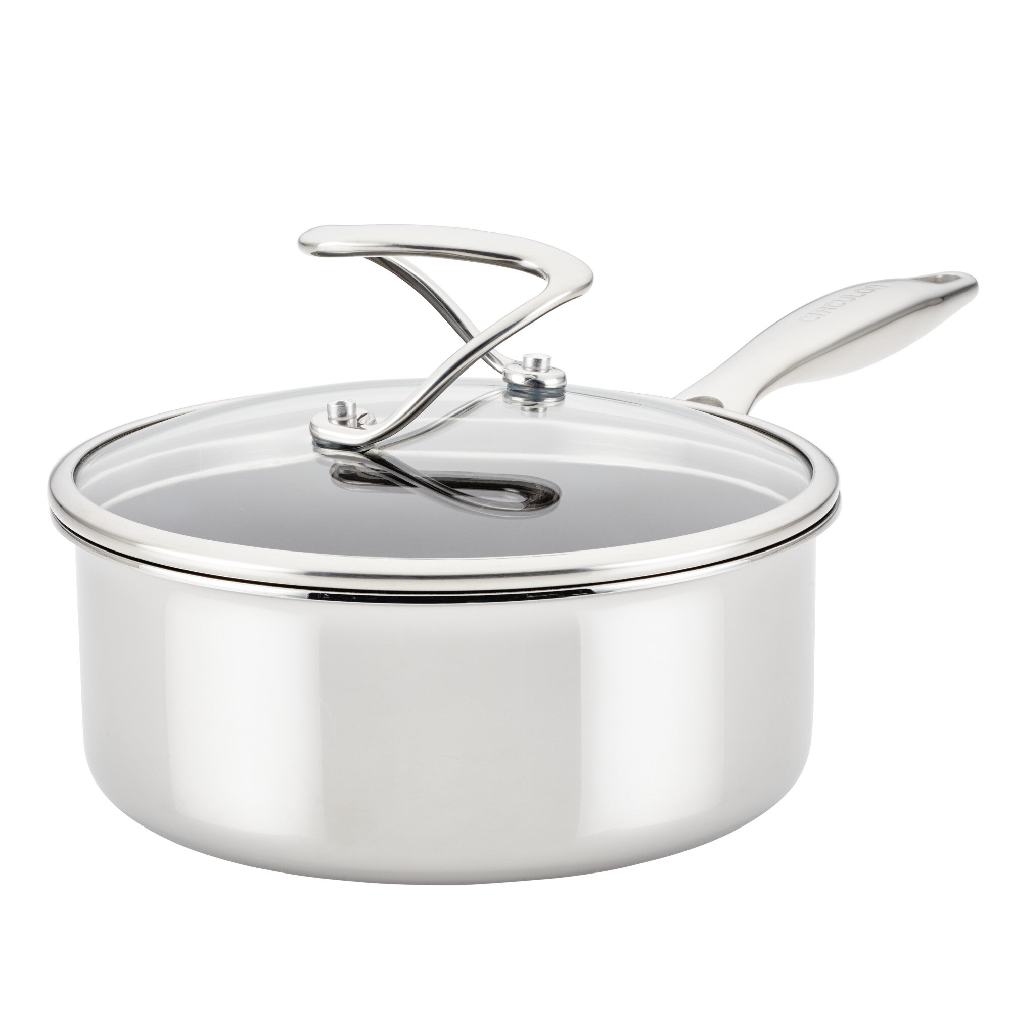 Circulon Clad Stainless Steel Saucepan with Glass Lid and Hybrid SteelShield Nonstick. 2-Quart