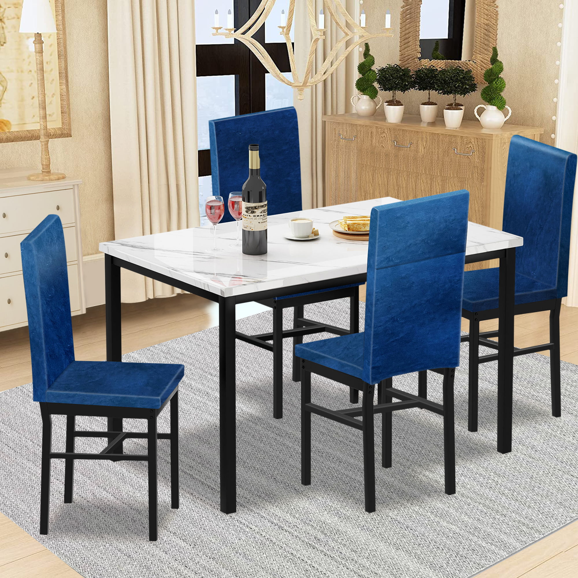Syngar 5 Piece Dining Set. Modern Dining Table and Chairs Set for 4. Kitchen Dining Table Set with Faux Marble Tabletop and 4 Velvet Fabric Upholstered Chairs. for Small Space. Breakfast Nook. D8925