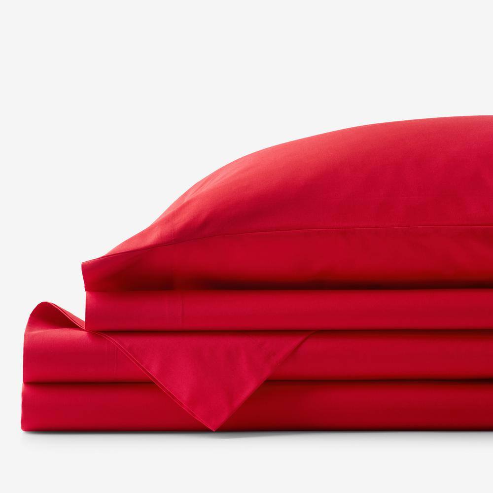 The Company Store  Company Essentials 4-Piece Apple Red Solid 200-Thread Count Organic Cotton Percale Queen Sheet Set - Apple Red