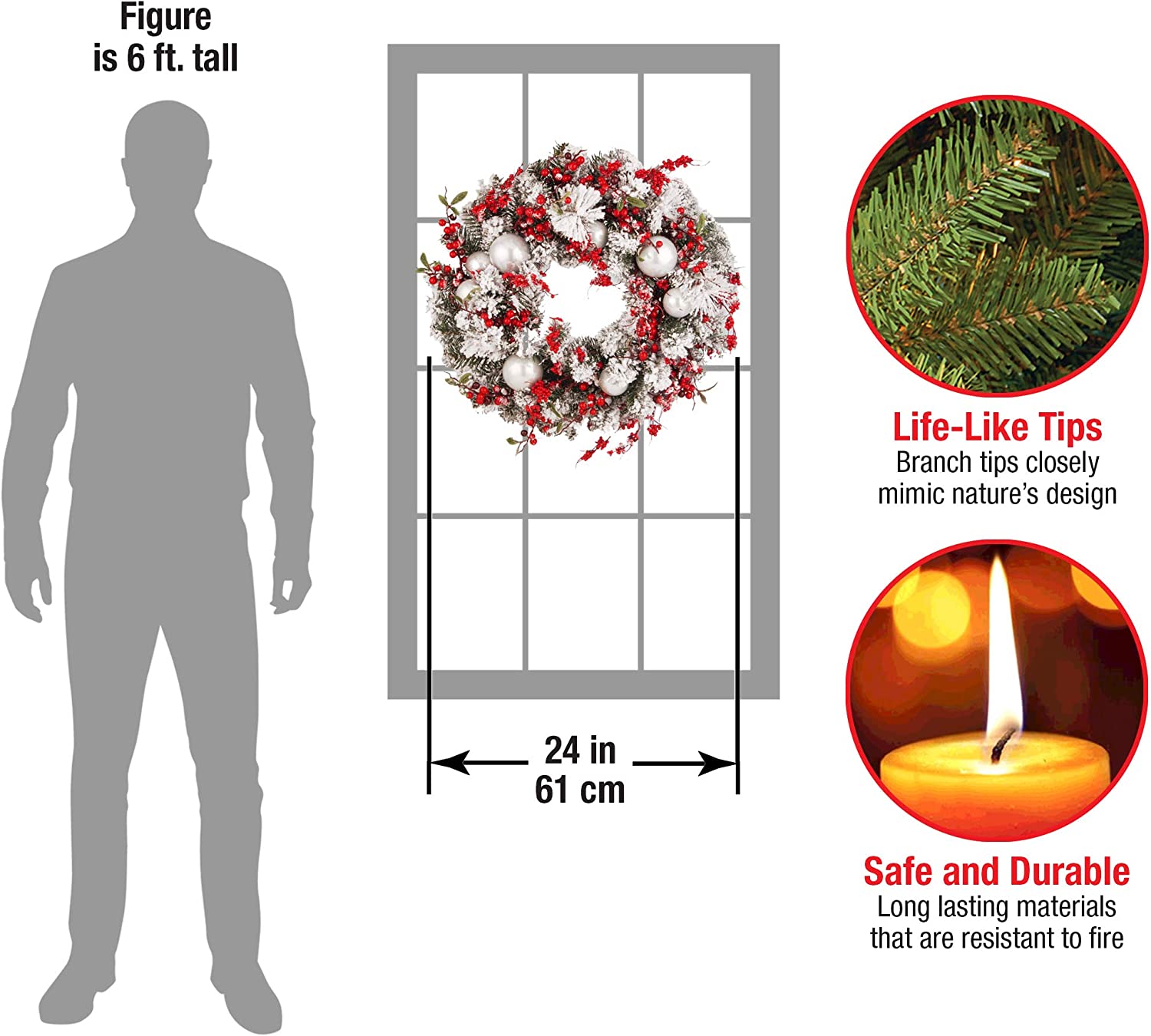 National Tree Company Artificial Christmas Wreath. Green. Evergreen. Decorated with Frosted Branches. Ball Ornaments. Berry Clusters. Christmas Collection. 24 Inches