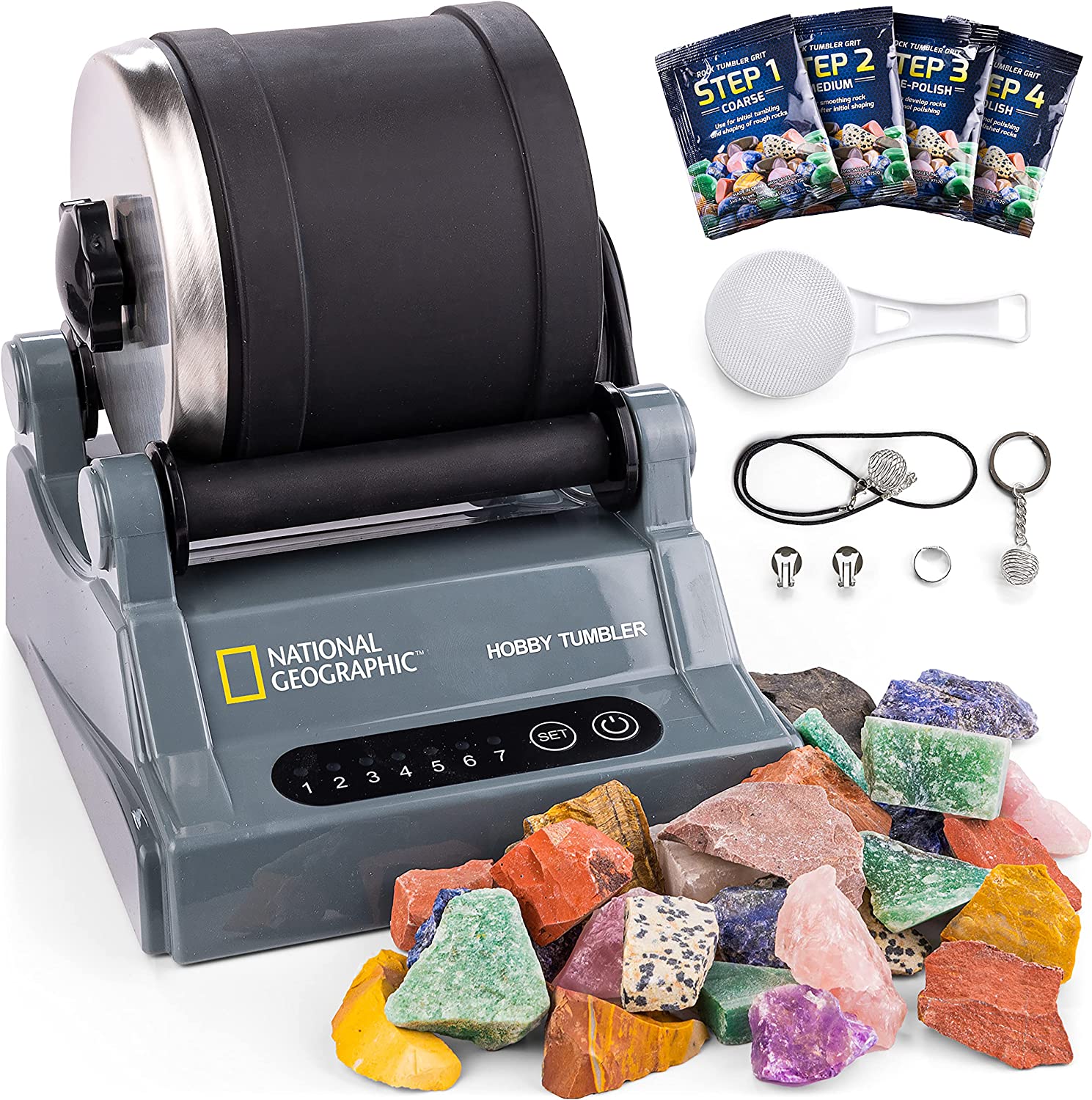 NATIONAL GEOGRAPHIC Hobby Rock Tumbler Kit - Includes Rough Gemstones. 4 Polishing Grits. Jewelry Fastenings. Learning Guide. Great Stem Science Kit
