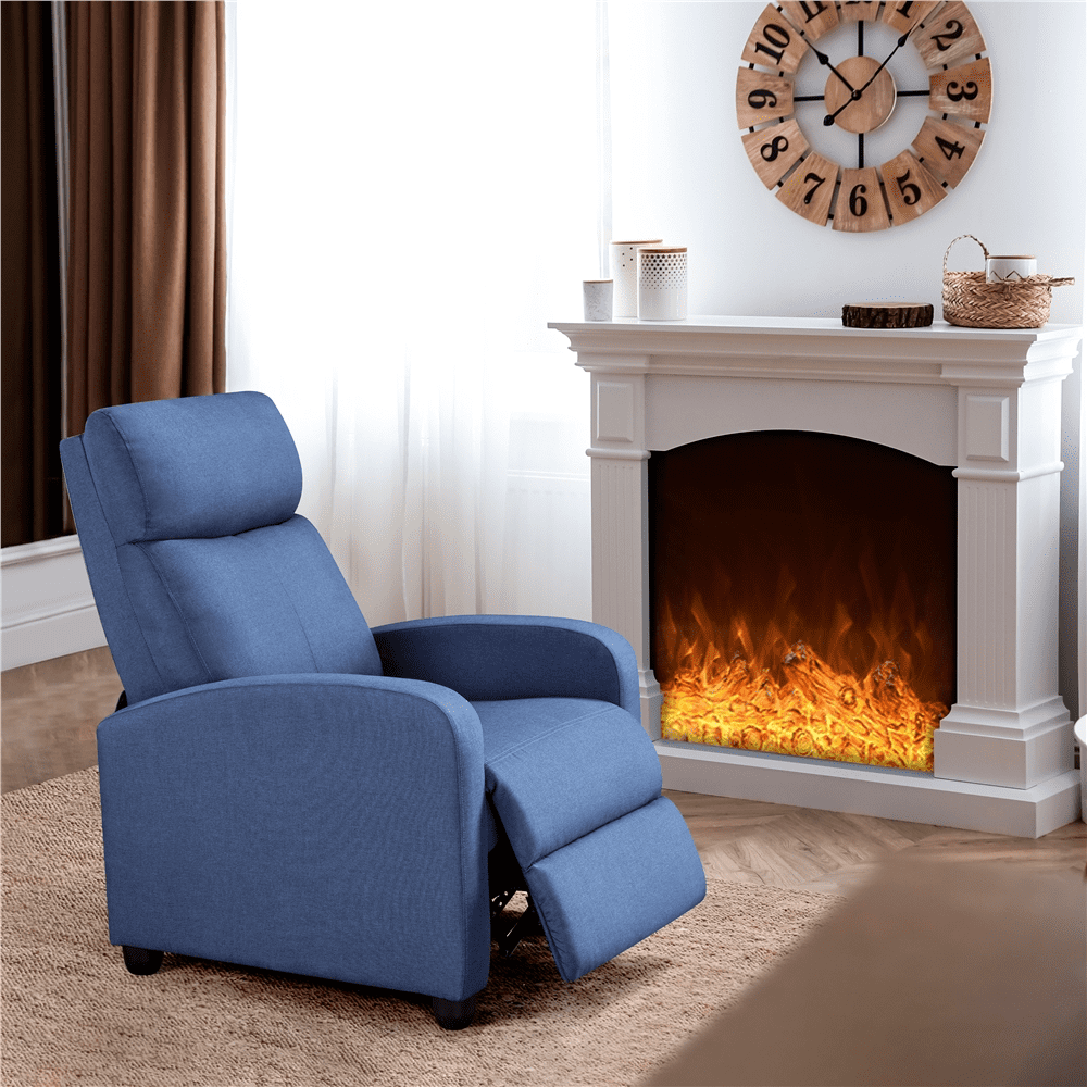 Easyfashion Fabric Push Back Theater Recliner Chair with Footrest. Light Blue
