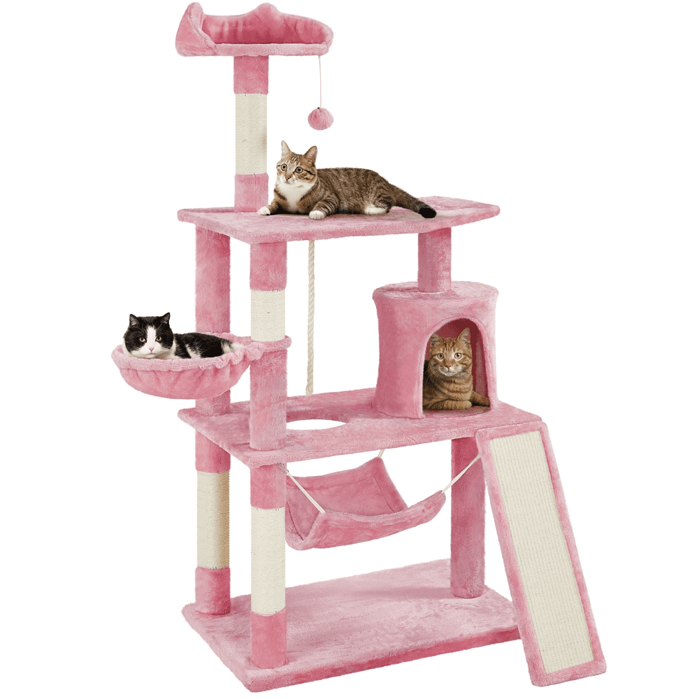 Easyfashion 63.5”H Multi Level Cat Tree Condo with Scratching Post. Pink