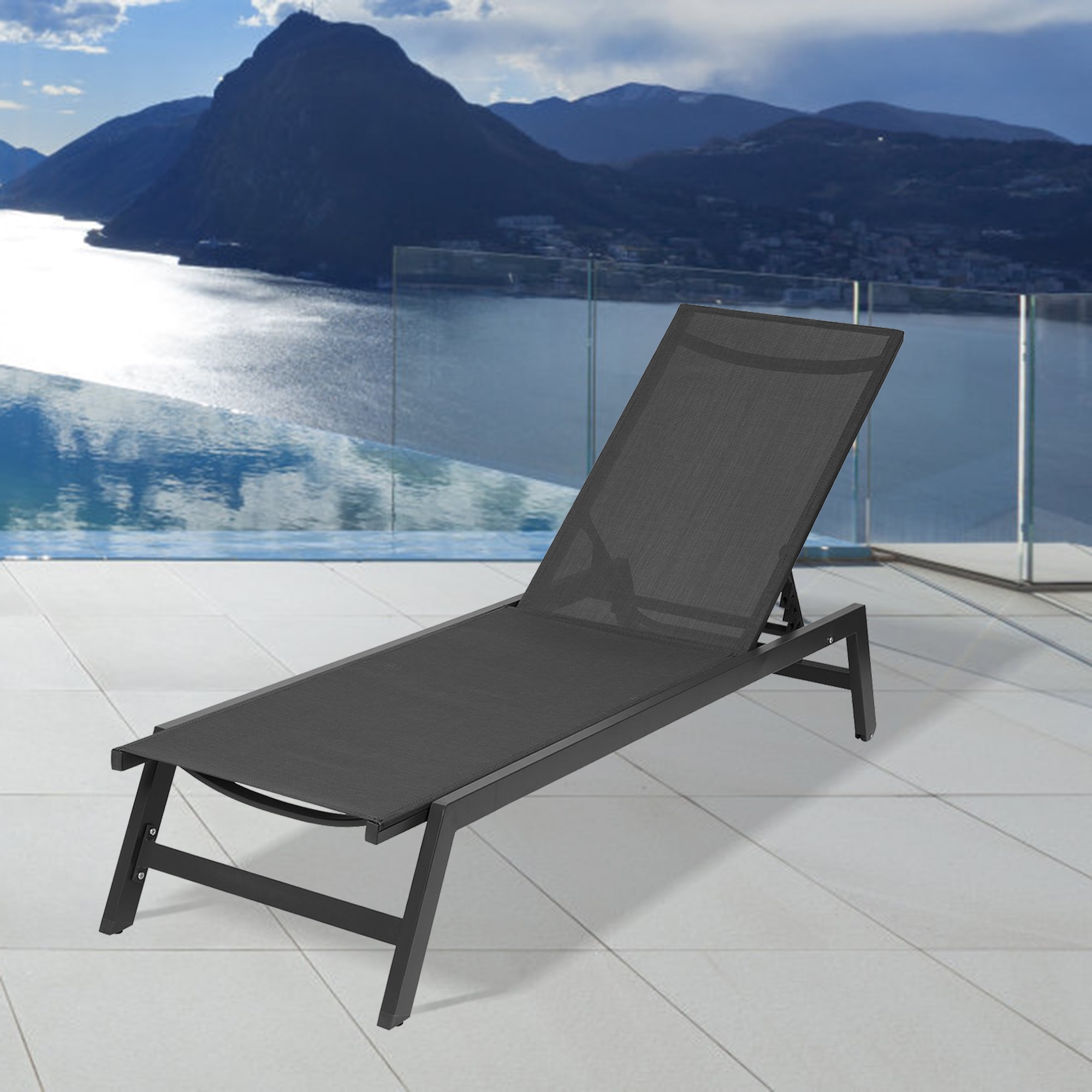 Clihome Patio Chair Metal Frame Stationary Chaise Lounge Chair(s) with Black Textilene Sling Seat