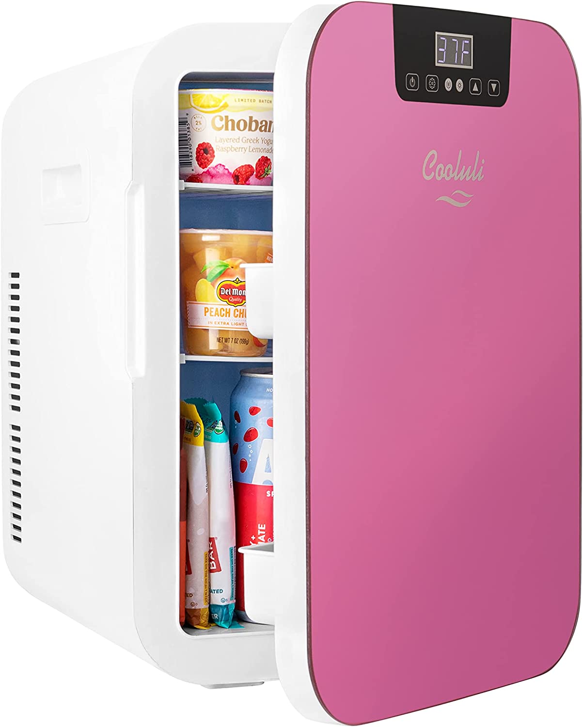 Cooluli 20L Mini Fridge For Bedroom - Car. Office Desk & College Dorm Room - Glass Front & Digital Temperature Control - Small 12v Refrigerator for Food. Drinks. Skincare. Beauty & Breast Milk (Pink)