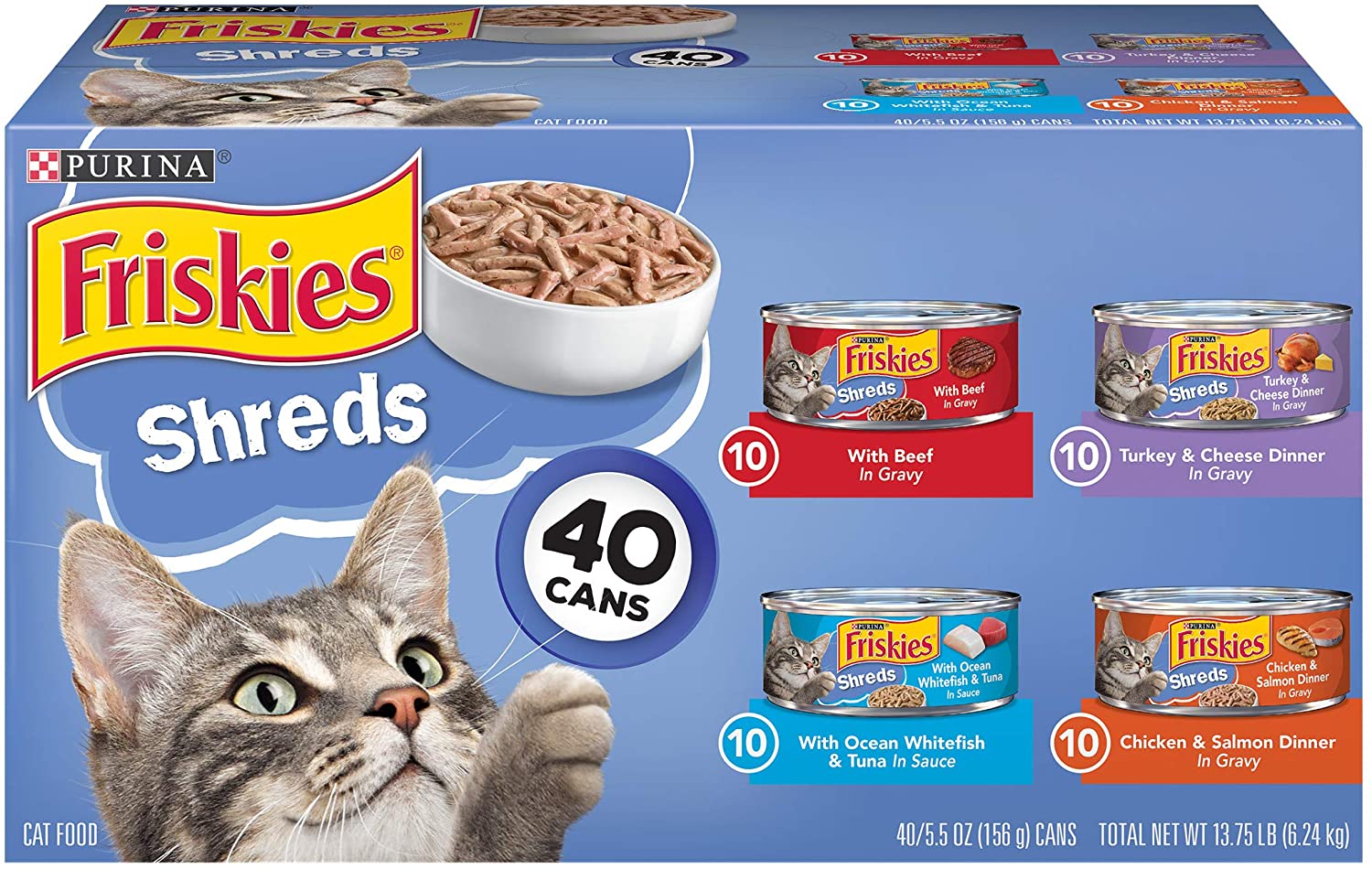 PURINA Friskies Wet Cat Food Variety Pack. Shreds Beef. Turkey. Whitefish. and Chicken & Salmon - (40) 5.5 oz. Cans