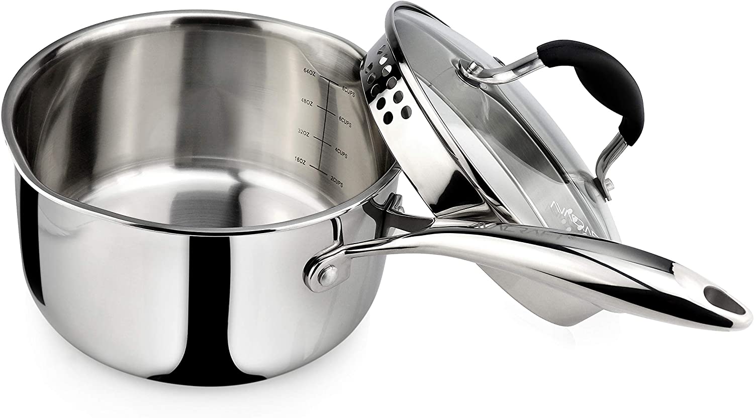 AVACRAFT Tri-Ply Stainless Steel Saucepan with Glass Strainer Lid. Two Side Spouts. Ergonomic Handle. Multipurpose Sauce Pan with Lid. Sauce Pot. Cooking Pot (Tri-Ply Full Body. 2.5 Quart)