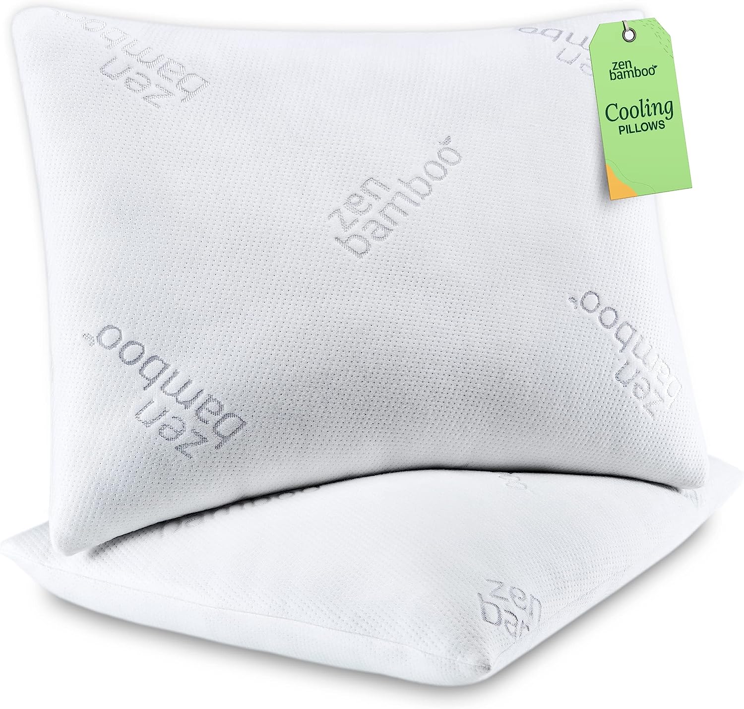 Zen Bamboo Cooling Pillows for Sleeping - Premium Allergy-Friendly Bed Pillow Cool & Breathable Bamboo Cover - Reduces Neck Pain - Queen Size Set of 2