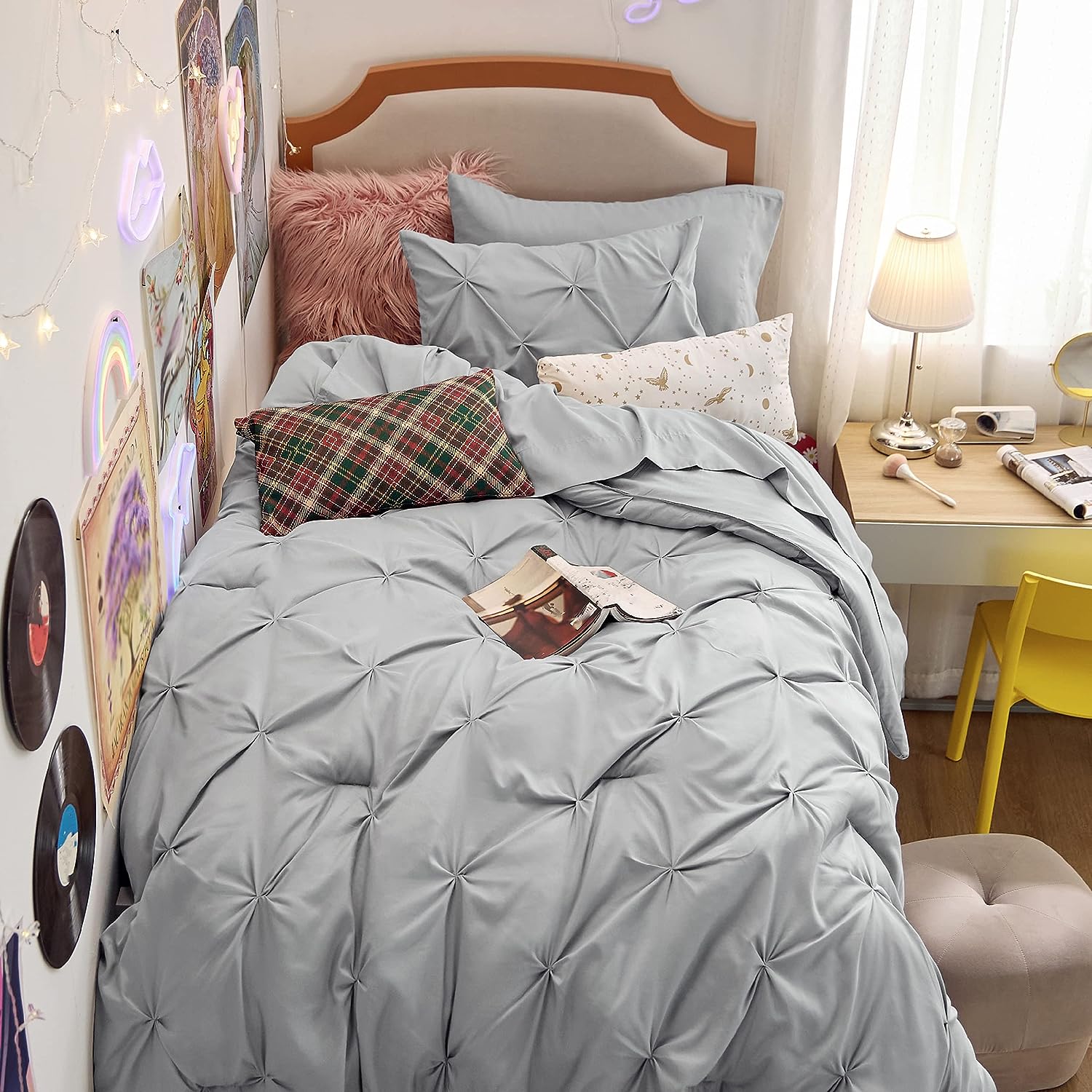 Bedsure Twin Comforter Set with Sheets - 5 Pieces Twin Bedding Sets. Pinch Pleat Grey Twin Bed in a Bag with Comforter. Sheets. Pillowcase & Sham. Kids Bedding Set