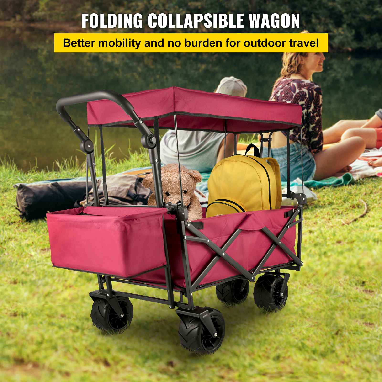 VEVORbrand Collapsible Wagon Cart Red. Foldable Wagon Cart Removable Canopy 601D Oxford Cloth. Collapsible Wagon Oversized Wheels. Portable Folding Wagon Adjustable Handles. Beach. Garden. Sports