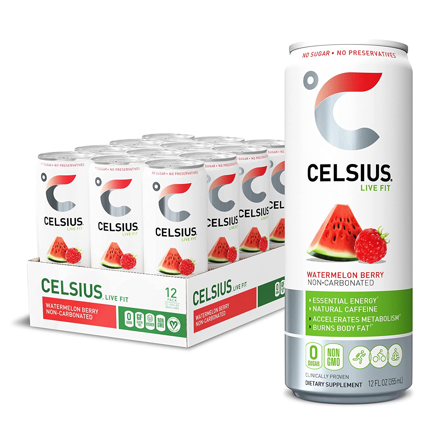 CELSIUS Sweetened with Stevia Watermelon Berry Non-Carbonated Fitness Drink. Zero Sugar. 12oz. Slim Can (Pack of 12)