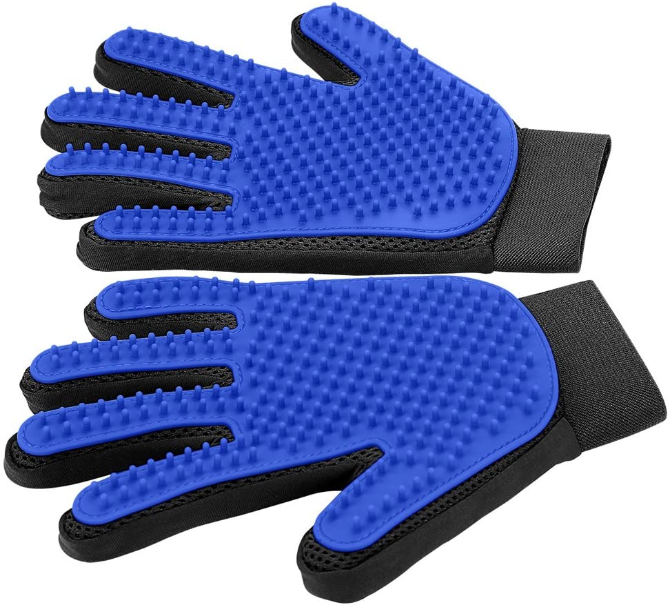 Pet Grooming Glove - Gentle Deshedding Brush Glove - Efficient Pet Hair Remover Mitt - Enhanced Five Finger Design - Perfect for Dog and Cat with Long & Short Fur - 1 Pair (BLUE)