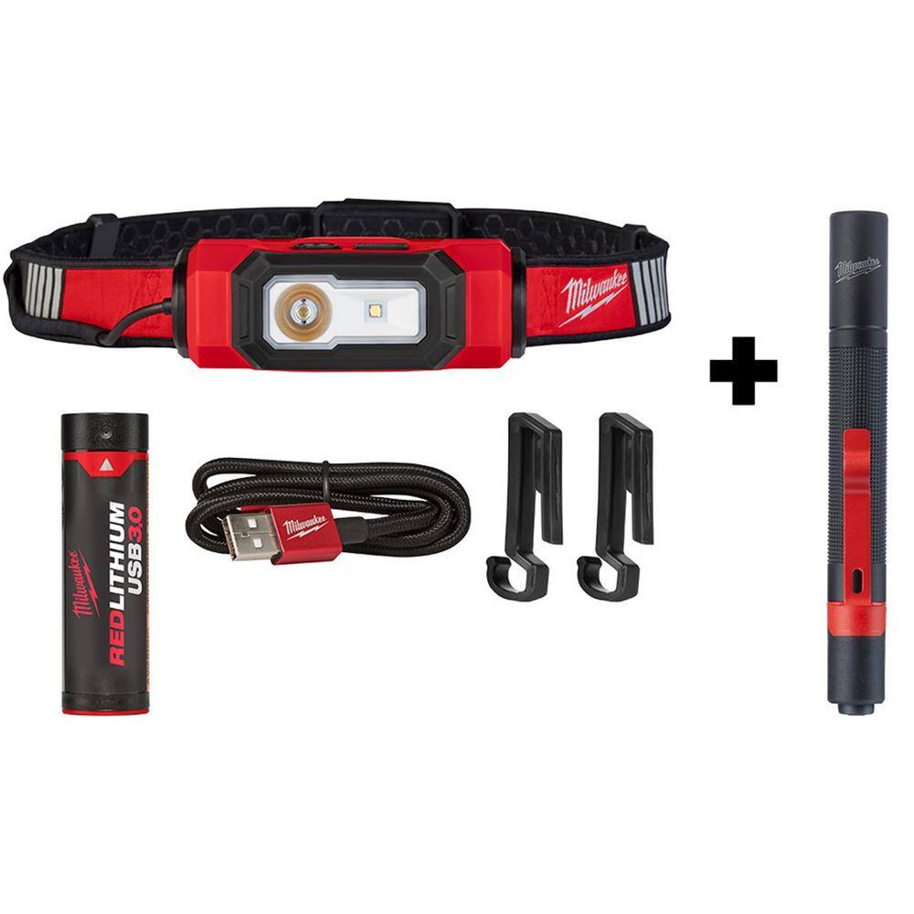 Milwaukee 2116-21-2105 600 Lumens LED REDLITHIUM USB 360-Degree Visibility Hard Hat Headlamp with 100 Lumens Pen Light