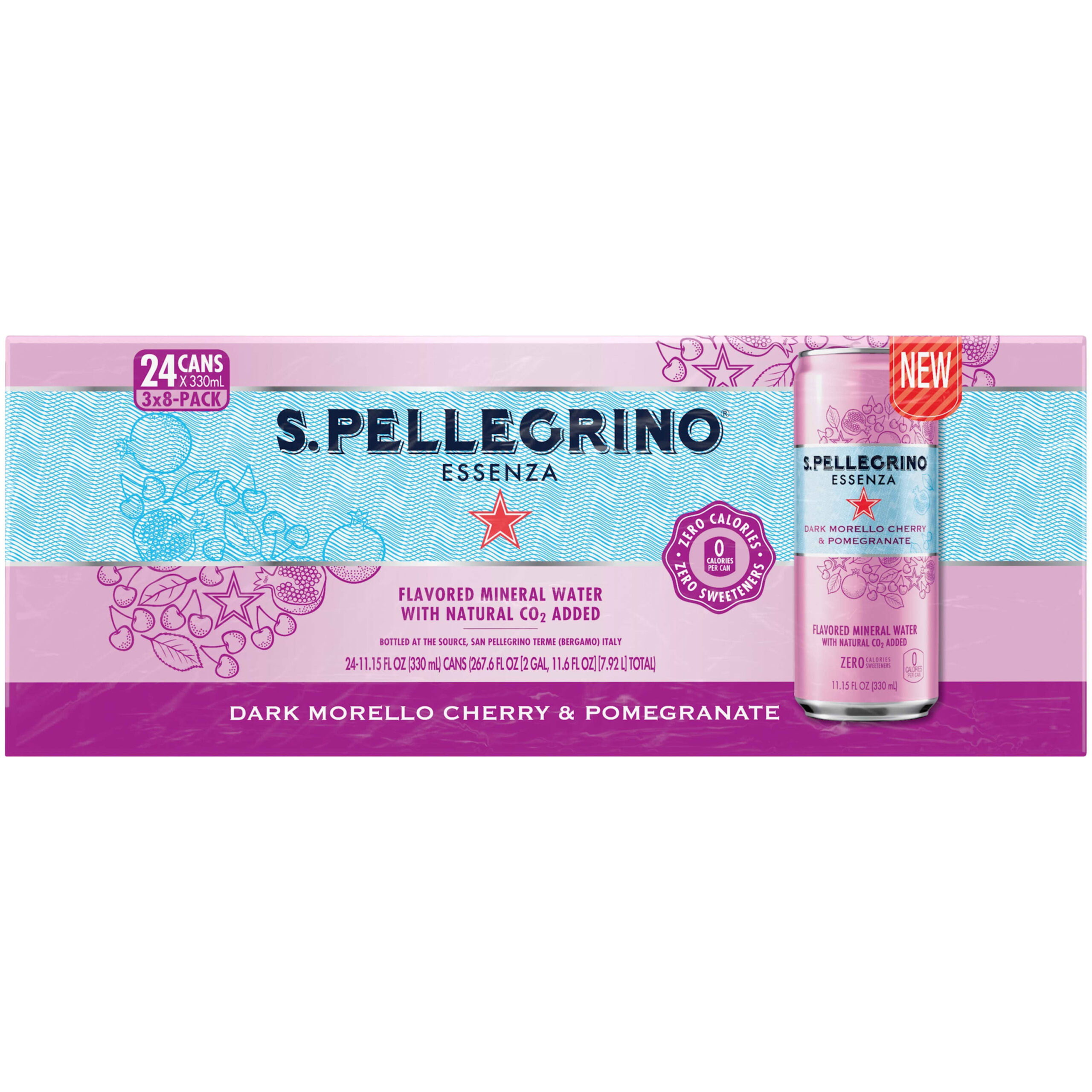S.Pellegrino Essenza Dark Morello Cherry and Pomegranate Flavored Mineral Water with Natural CO2 Added. 267.6 fl oz