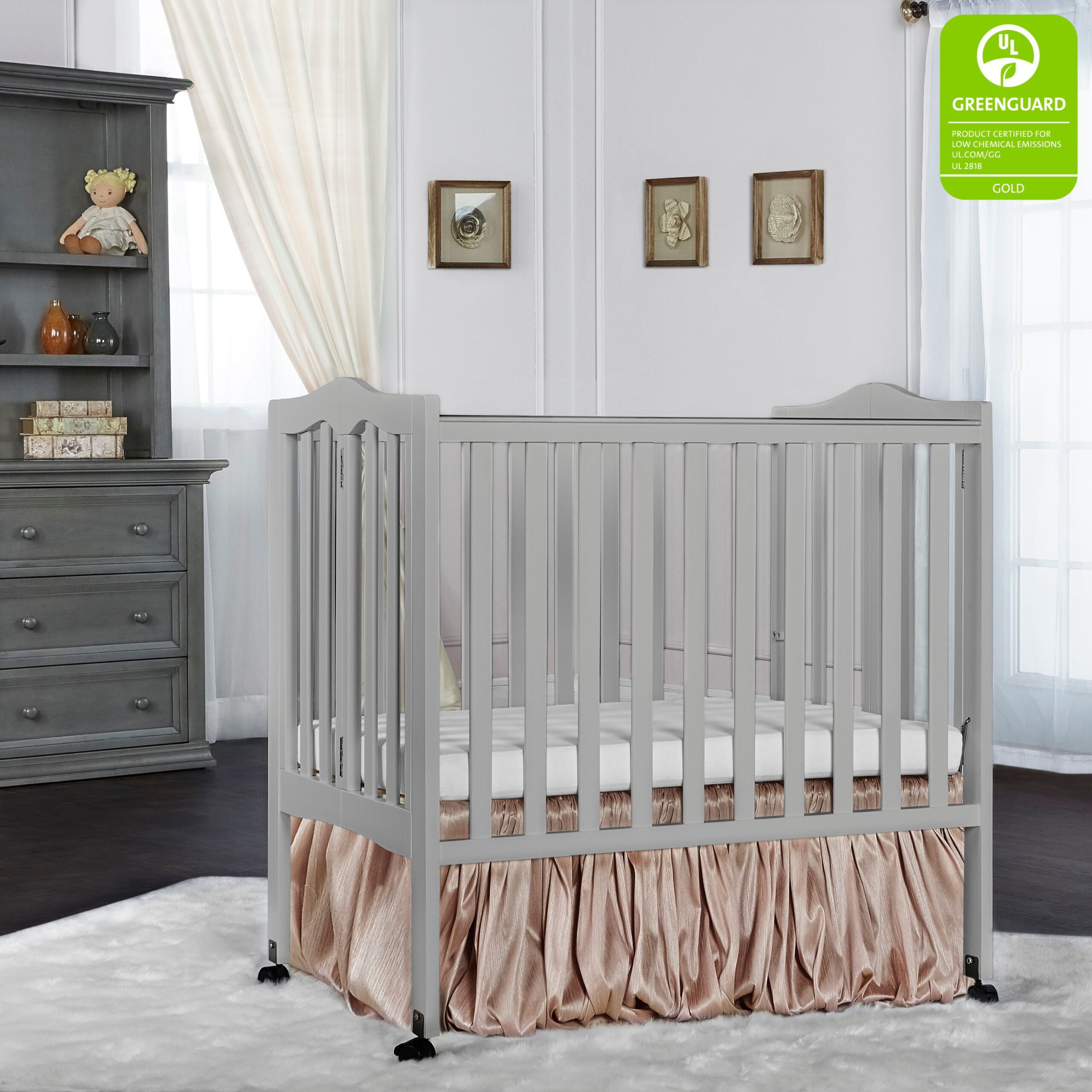Dream On Me 2-in-1 Lightweight Folding Portable Crib. Pebble Grey