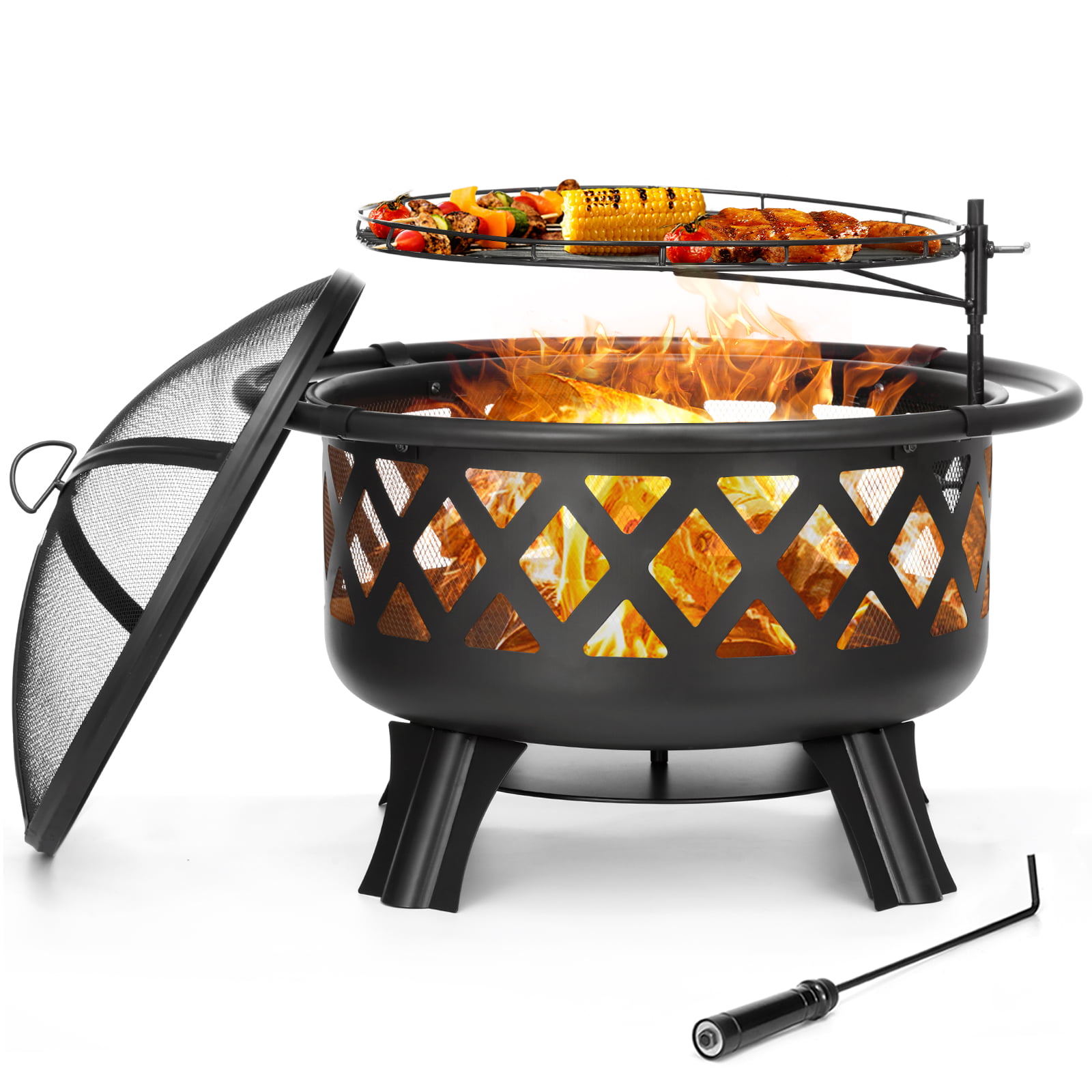 SinglyFire 30 inch Fire Pits for Outside with Grill Outdoor Fire Pits Wood Burning Large Firepit Bowl 2 in 1 BBQ Firepit Heavy Duty Steel for Patio Camping Backyard Bonfire Deck Picnic Porch Garden