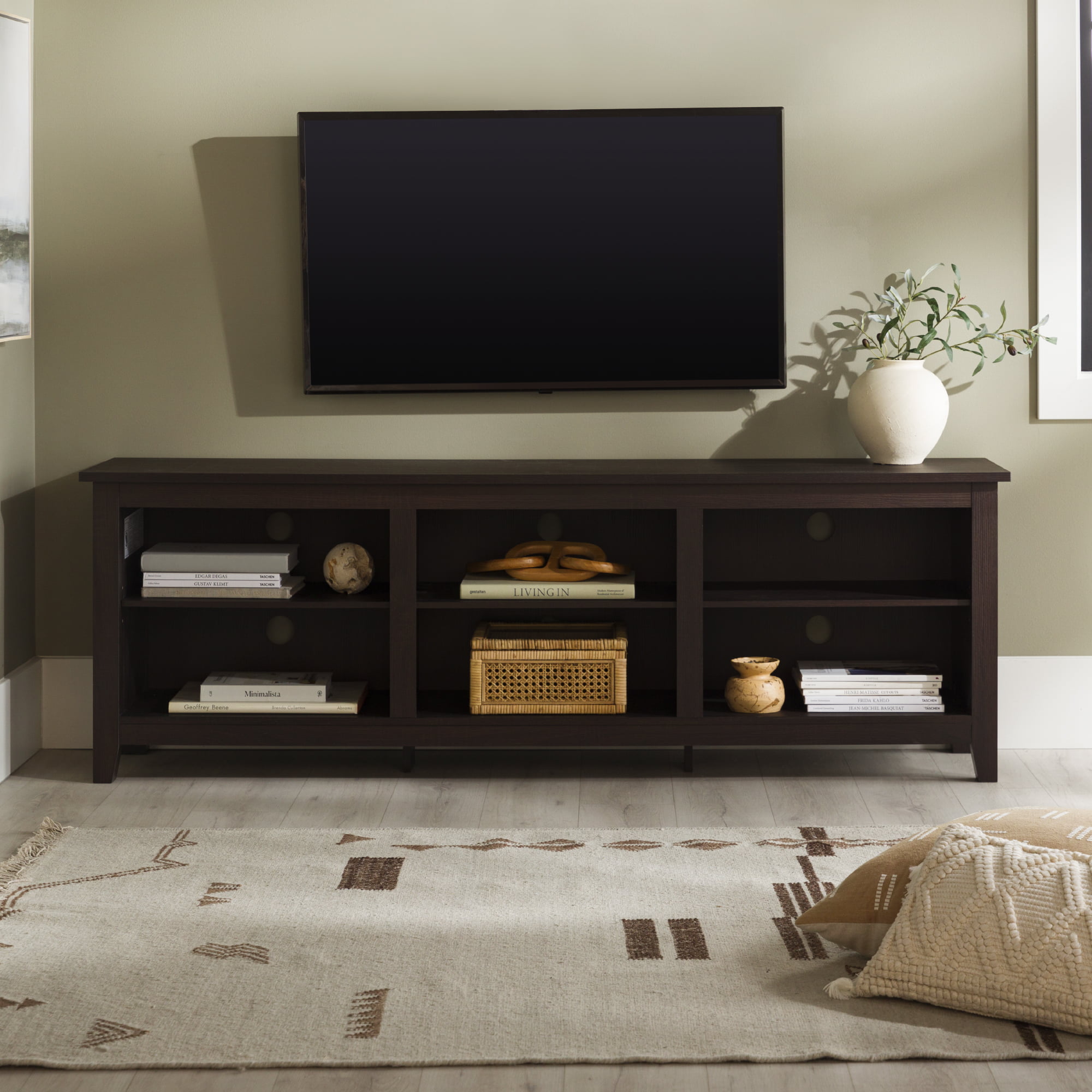 Woven Paths Open Storage TV Stand for TVs up to 80″. Espresso