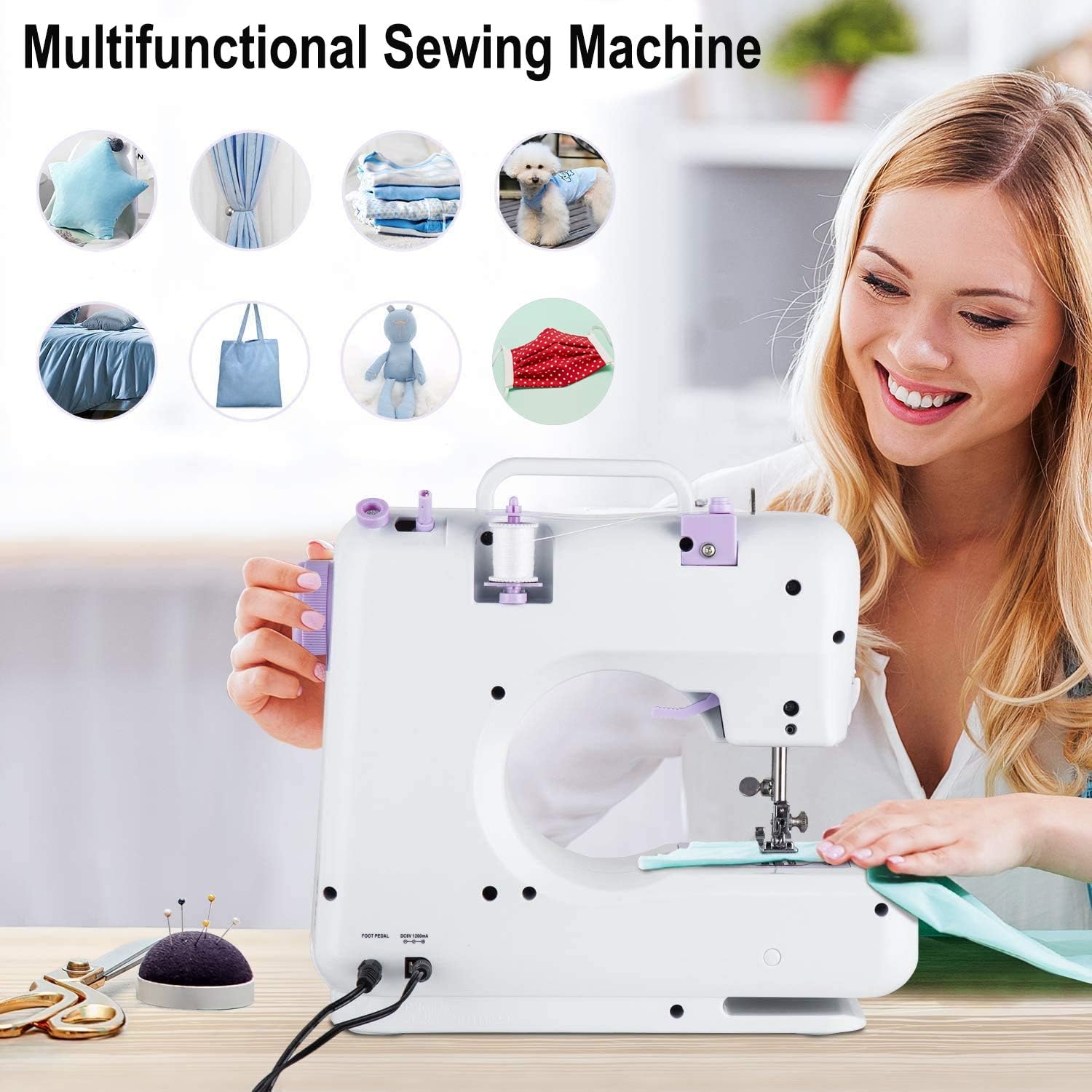 Dechow Sewing Machine for Beginners. Electric Mini Portable. 12 Built-in Stitches with Reverse Sewing. 2 Speeds Double Thread with Foot Pedal. Floral Cotton Fabric and Sewing Threads Set(Purple)