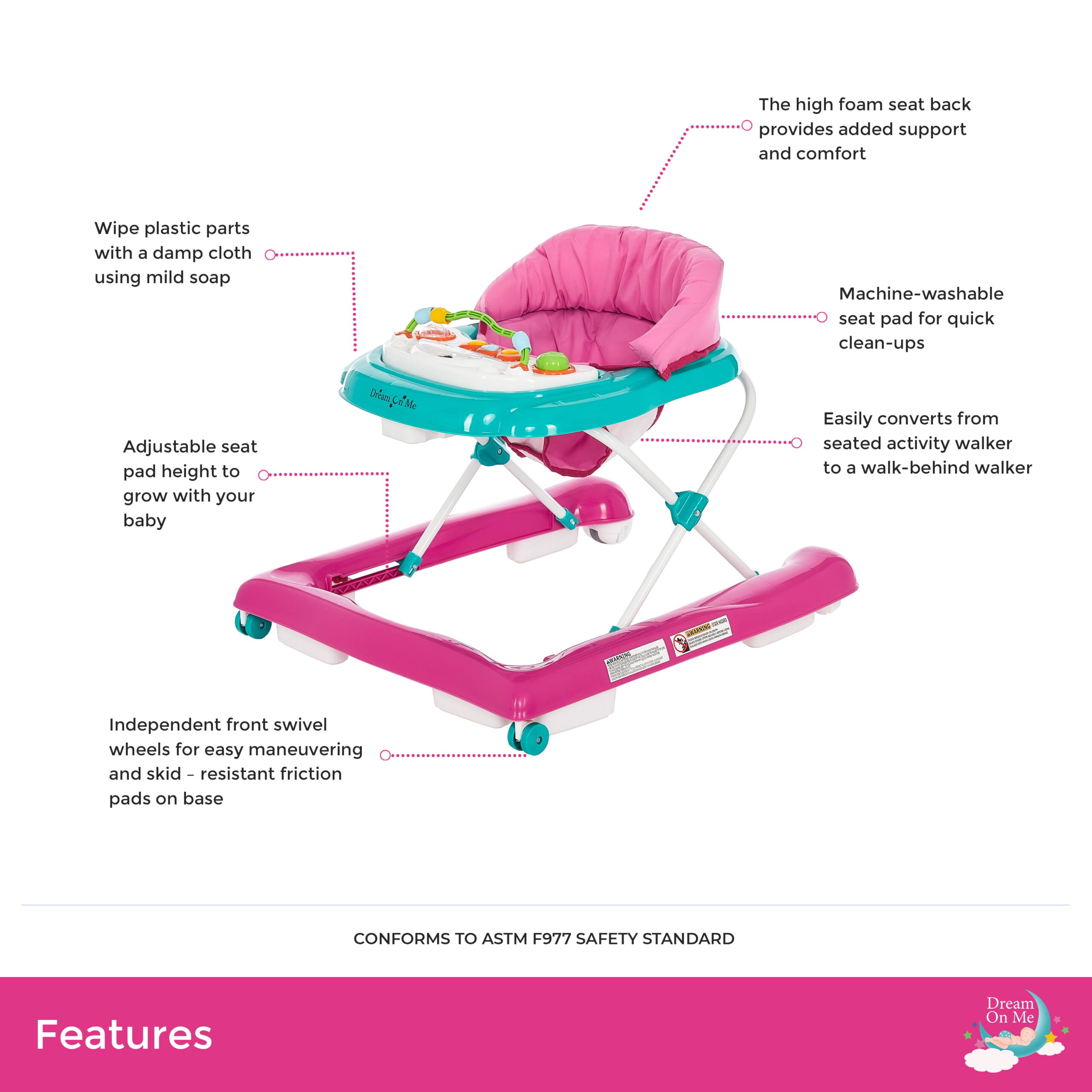 Dream On Me 2-in-1 Ava Baby Walker. Easy Convertible Baby Walker. Folds Compactly. Pink