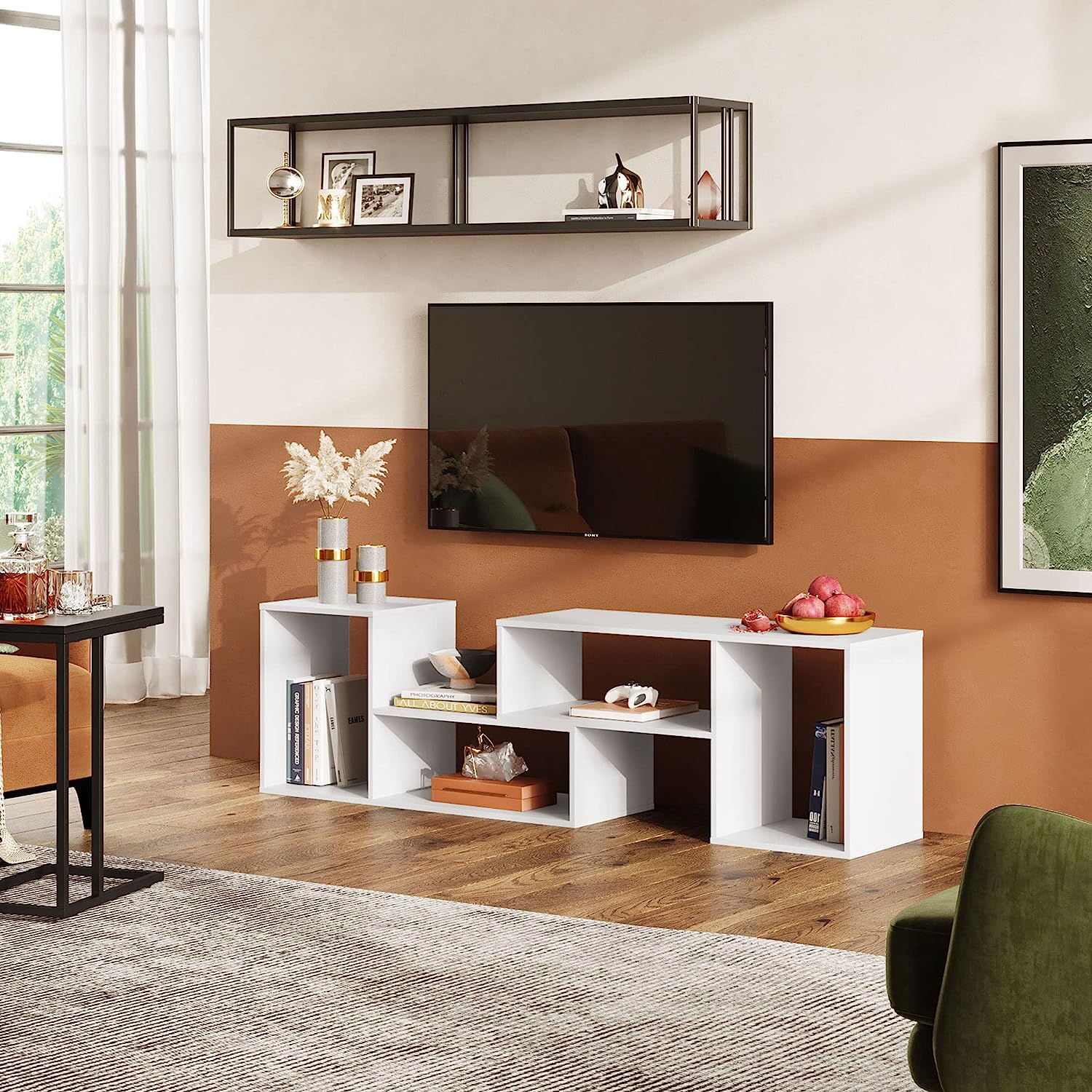 DEVAISE Flat Screen TV Stand for 43 45 55 inch TV. Modern Entertainment Center with Storage Shelves. Media Console Bookshelf for Living Room. White